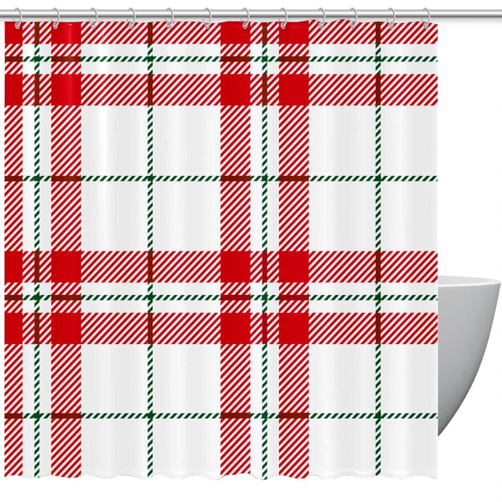 Rideaux de douche à motif écossais blanc rouge 152x182 cm avec 12 crochets pour baignoire