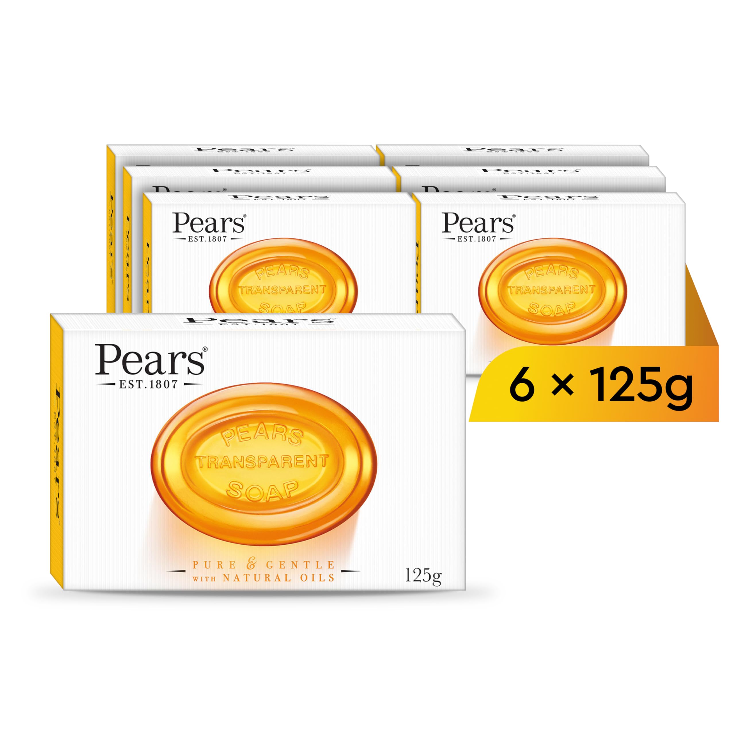 Pears Pure & Gentle Transparent Natural Soap Bar - Made with Natural Oils, Nourishing and Refreshing Bathing Cleanser, Gentle & Soothing Skin Care, Pure Transparency, Pack of 6 x 125g