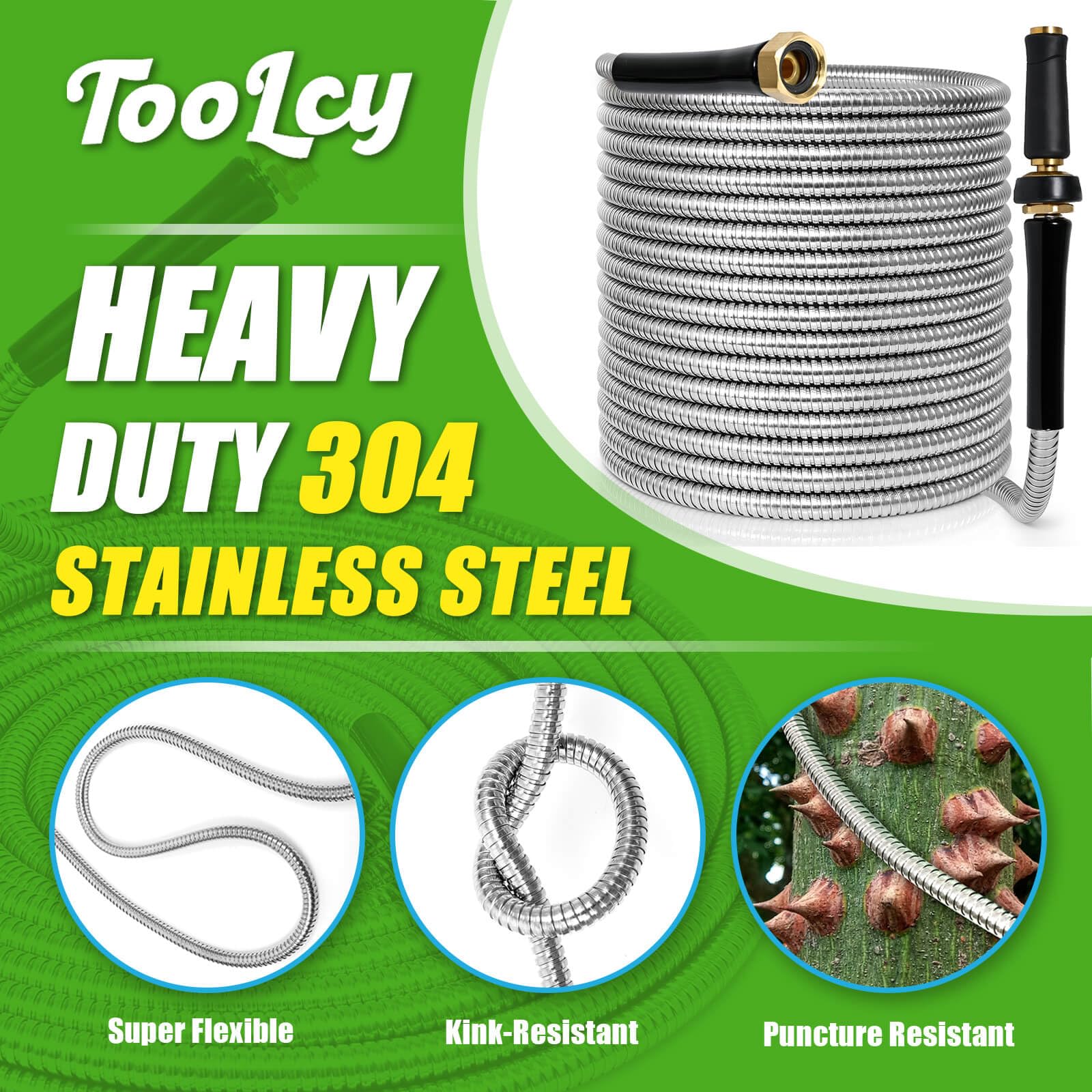 TOOLCY Manguera de jardín de metal de 75 pies, manguera de agua de acero inoxidable 304 con boquilla de latón, súper flexible, sin torceduras, resistente, ligera, duradera para jardín, patio,