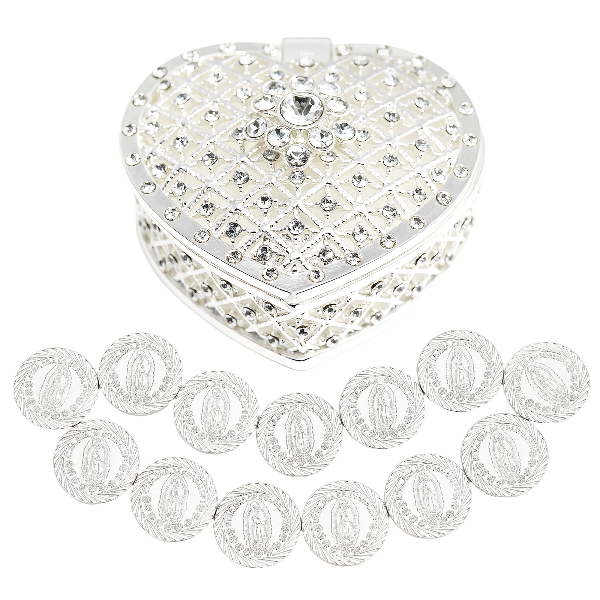 TINGKU Arras mexicanas de oro para boda católica, Arras de Boda Cristiana, Nuestra Señora de Guadalupe Monedas Decoración de Boda (Silver, Caja de corazón estilo D)