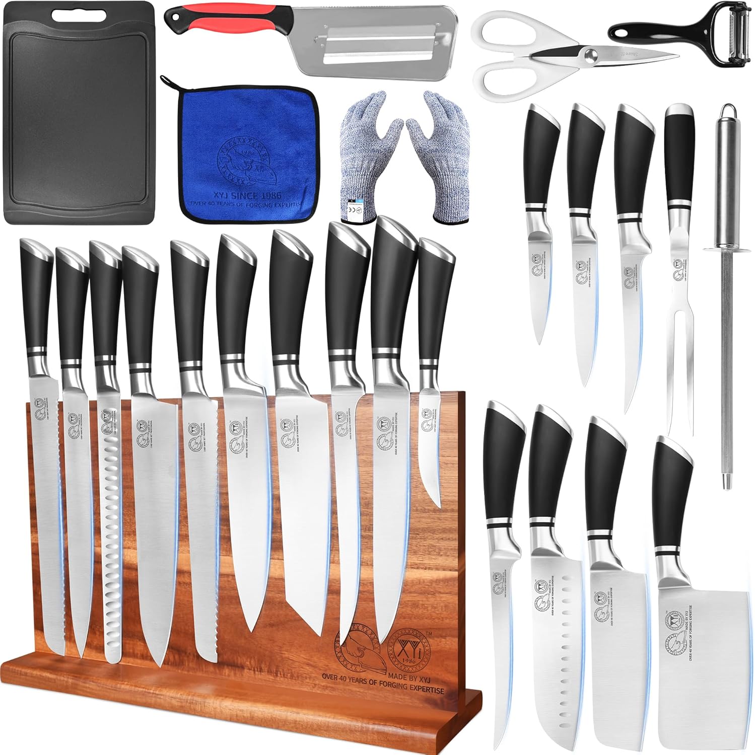 XYJ Knife Block Set, Stainless Steel Kitchen Knives Set with Magnetic Knife Holder, Fork, Cutting Board, Honing Steel, Scissors, Peeler, Cut Resistant Gloves, Japanese Style Slicing Chef Knives
