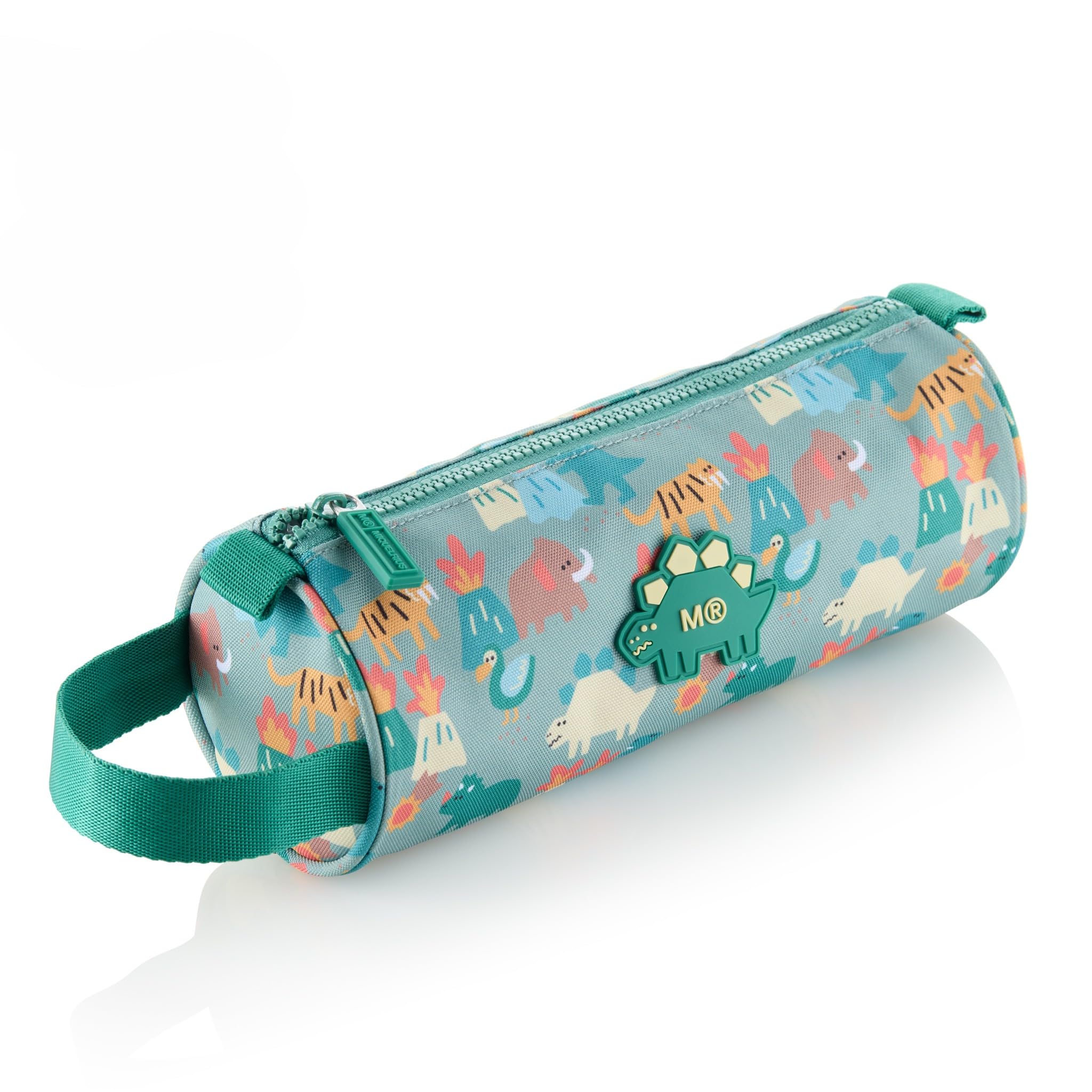 Miquelrius - Round School Pencil Case, Recycled Pencil Case with Main Compartment, Plastic Zipper, Handle, Silicone Dino, Back to School, 23 x 9 x 9 cm, Dino Roar