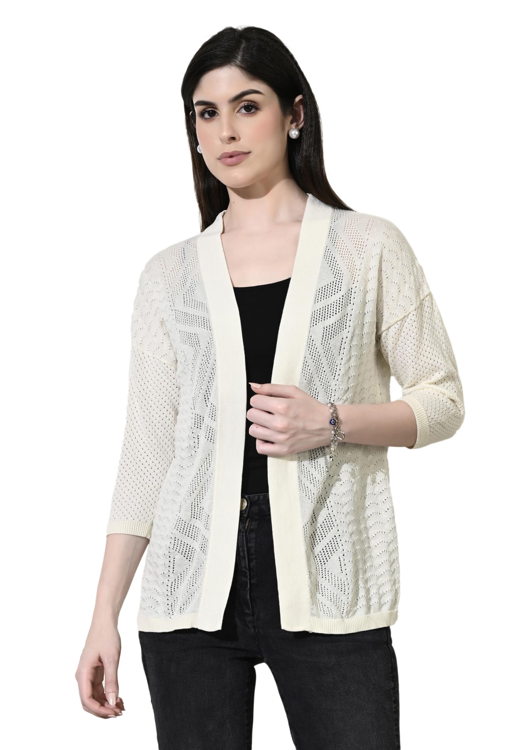 Women's Long Sleeve Knit Cardigan, Grey and White Pattern, Open Front Winter Shrug (in, Alpha, XL, Regular, Cream)