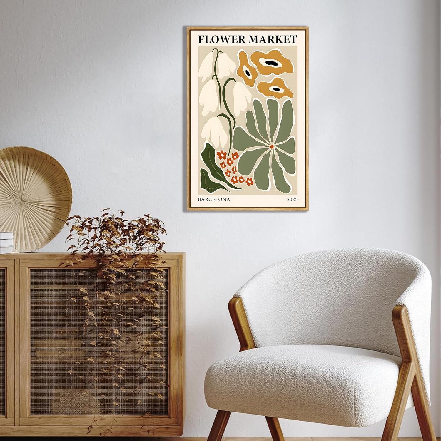 Gufro Flower Market Framed Canvas Wall Art，Green Fresh Boho Floral Wall Decor，Abstract Colorful Botanical Painting-16x24in