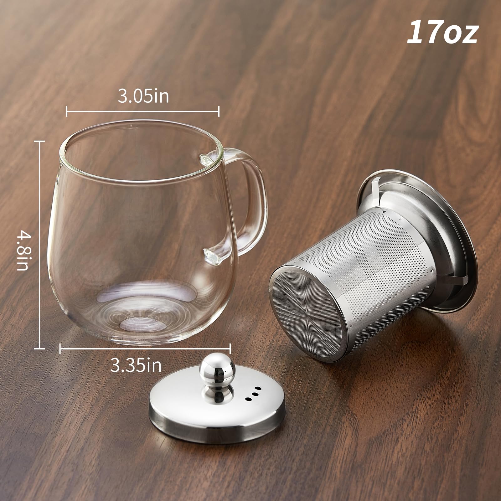 DOPUDO Glass Tea Cup with Infuser and Lid, 17.6oz/520ml Large Borosilicate Teacup,Tea Glass, Clear Mug for Loose Leaf Tea, Blooming Tea, Microwave & Dishwasher Safe - Tea Maker Gift for Birthday.: 17.6oz