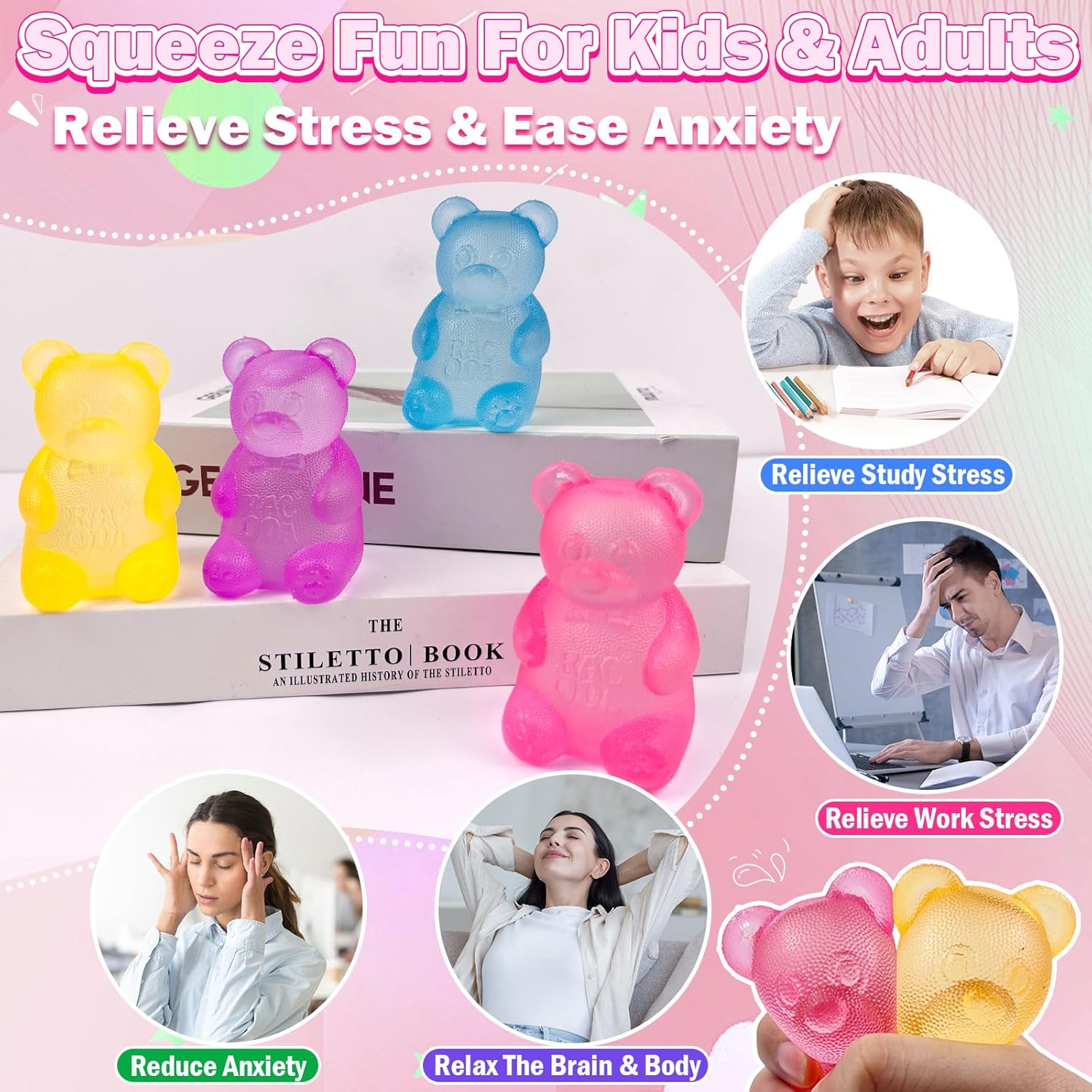 Gummy Bear & Sugar Ball Designs, Anxiety Relief & Focus Toy, Maltose Filled Squeeze Toys for Sensory Play，Sensory Fidget Toys for Adults, Kids, Slow Rising Squishy Stress Ball ( Pink) - Image 3