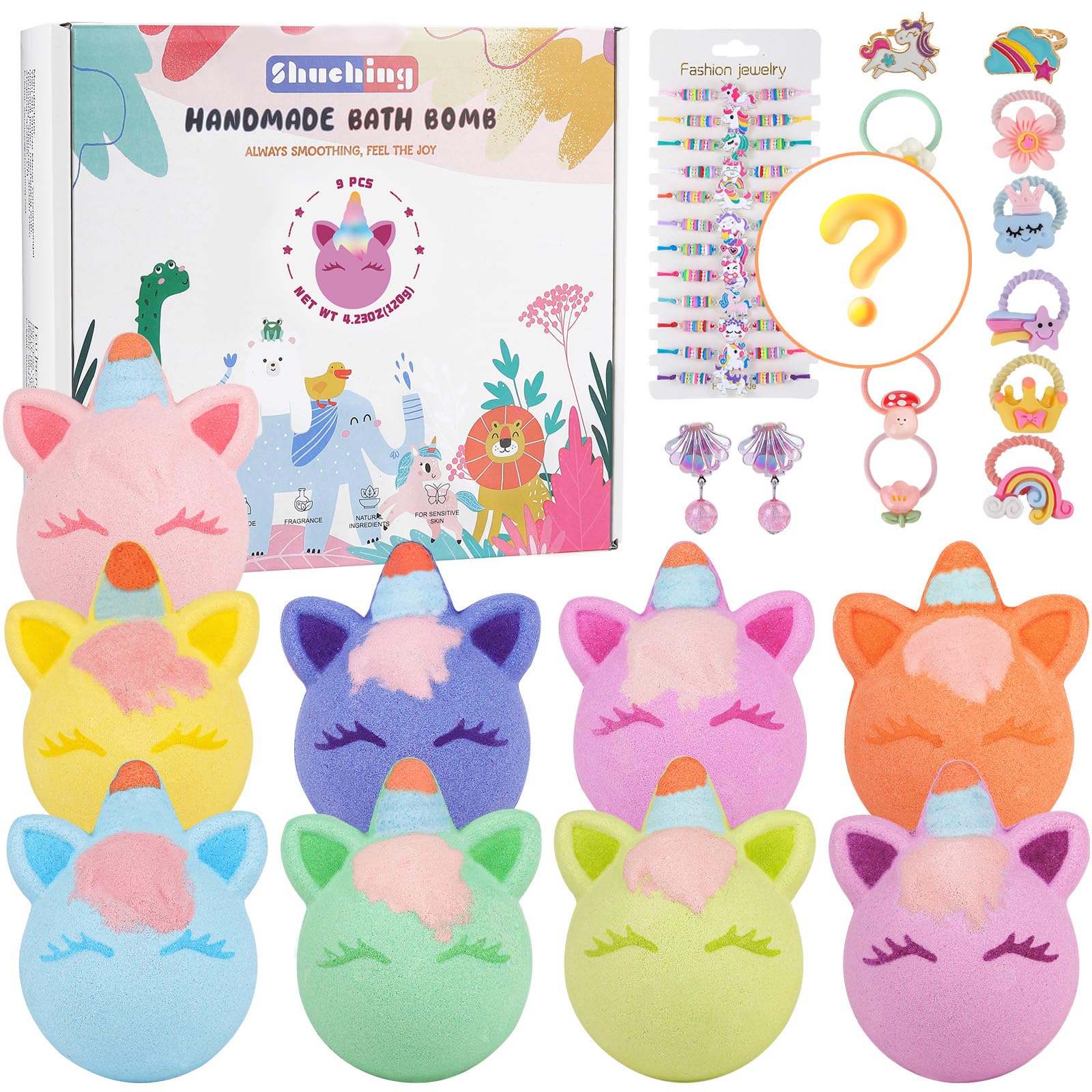 SHUCHING 9 XXL Boule de Bain Enfant avec Surprise, Coffret Bombe de Bain Licorne Fille Bio avec Bijoux pour Pâques Anniversaire