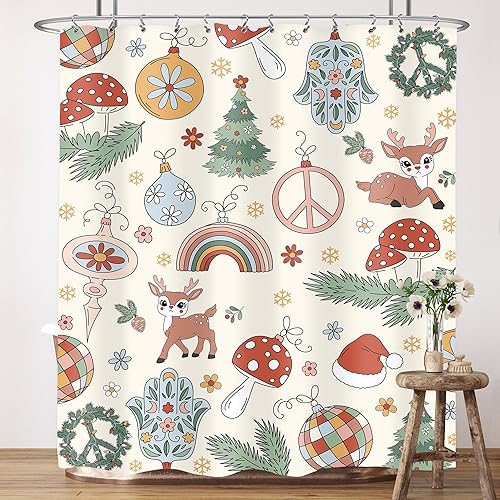 LIGHTINHOME Cortina de ducha retro de Navidad de 60 pulgadas de ancho x 72 pulgadas de alto, decoración navideña de los años 70, seta, arco iris,