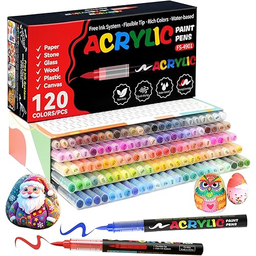 120 Colors Acrylic Paint Markers, Soft Brush Tip Acrylic Markers Set, Paint Pens for Wood, Fabric, Canvas, Glass, Stone, Canvas, Rock Painting and DIY Crafts Art Supplies