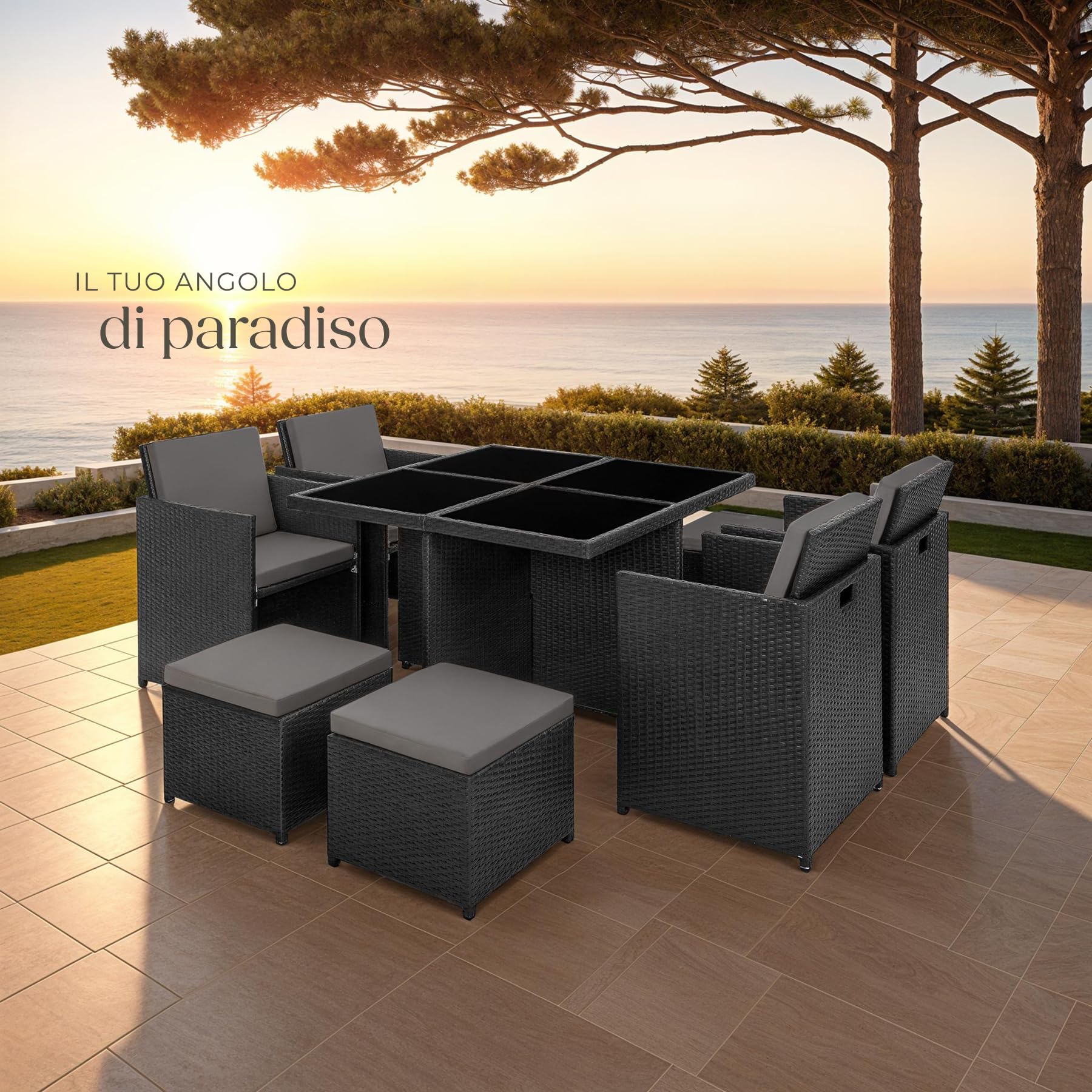 Tectake Set Mobili da Giardino Rattan Sintetico Alluminio 4 Sedie Tavolo 4 Sgabelli Involucro Protettivo Nero