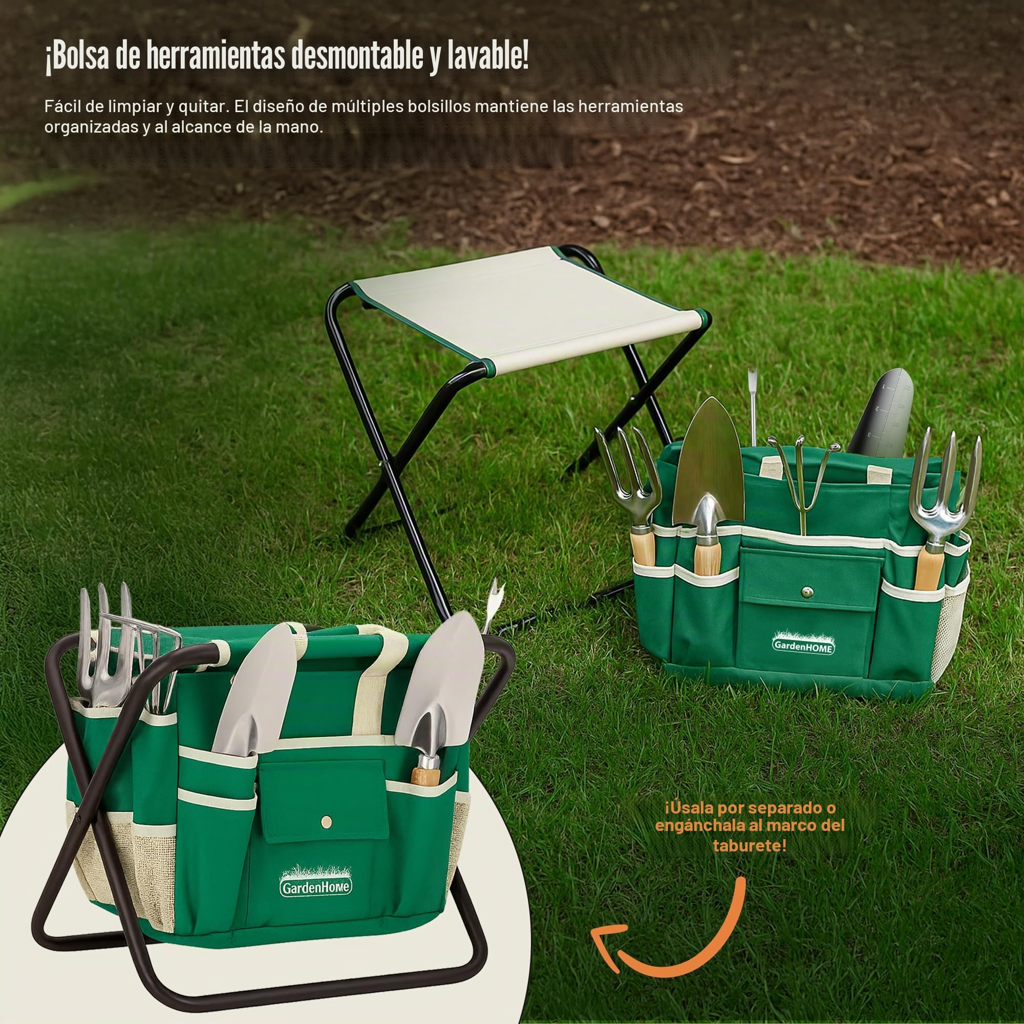 GardenHome Taburete Plegable para Jardinería 7 en 1 - Incluye Juego de Herramientas de Jardín de Acero Inoxidable de 5 Piezas y Estuche de Transporte Gratuito