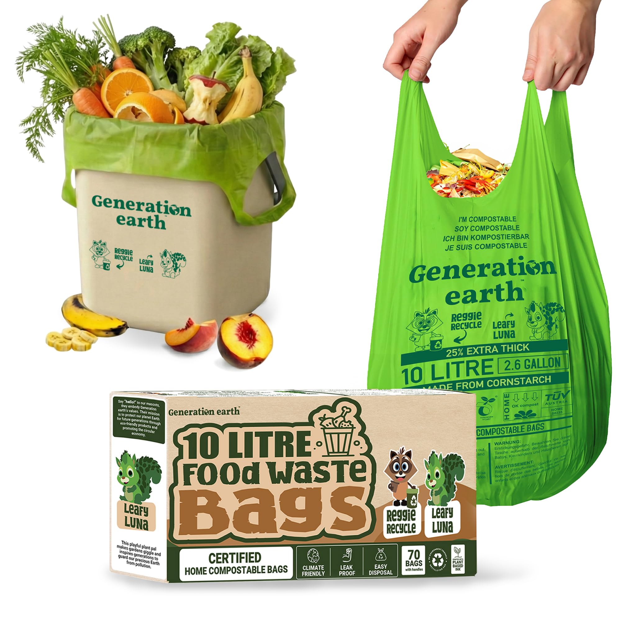 Generation Earth Green 70 Bags 10L | Super Strong Food Waste Corn Starch Compostable Caddy Liners | Biodegradable Bin Bags | Caddy Bin Liners | Compost Bags For Caddy | Compostable Bin Liners | - Uk Seller
