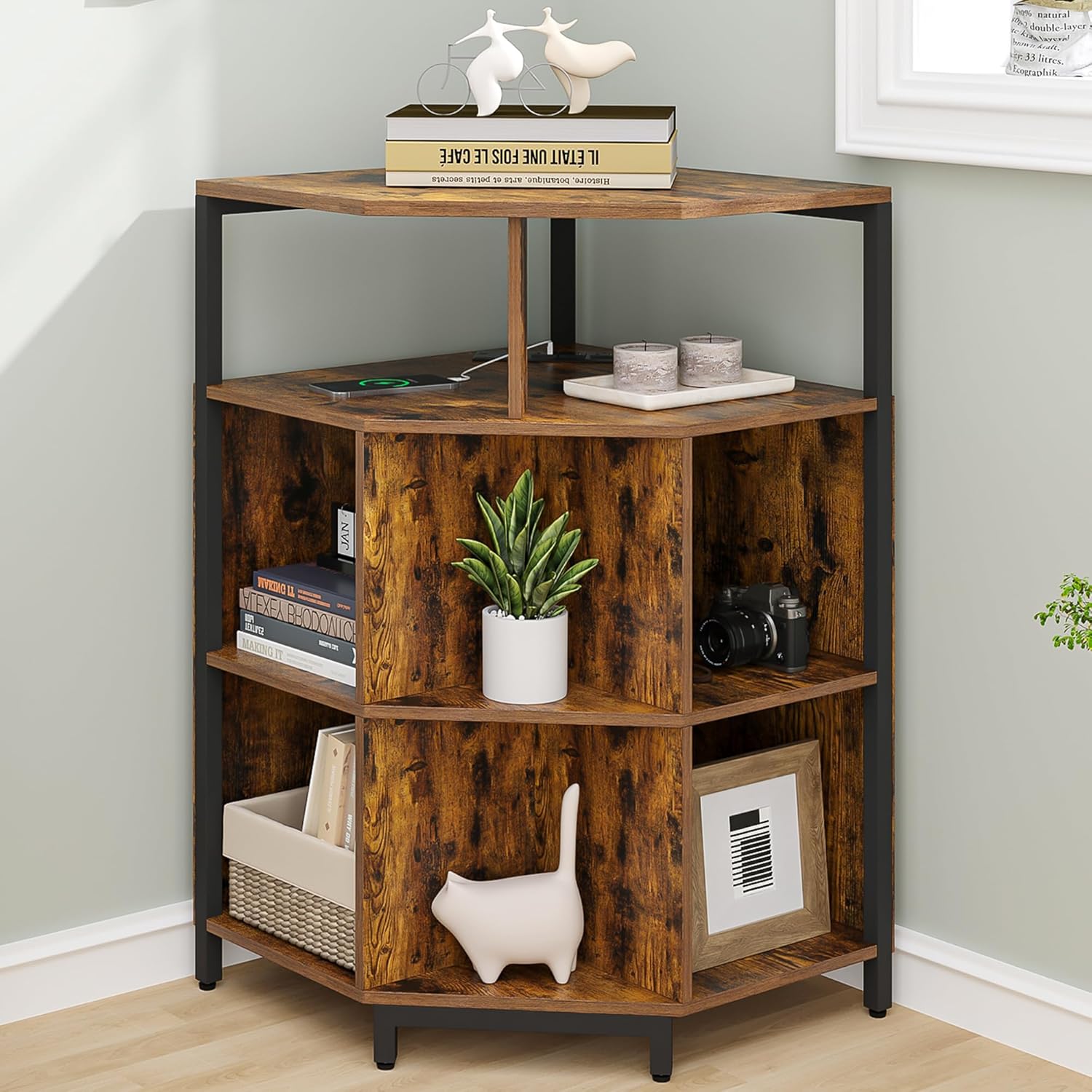 Hzuaneri Corner Corner Bookshelf with Charging Station, Rustic Corner Shelf