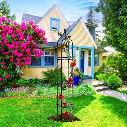 Miniatura 7 de Enrejado de jardín para plantas trepadoras, metal para exteriores con revestimiento de polietileno, soporte a prueba de óxido. Obelisco redondo en