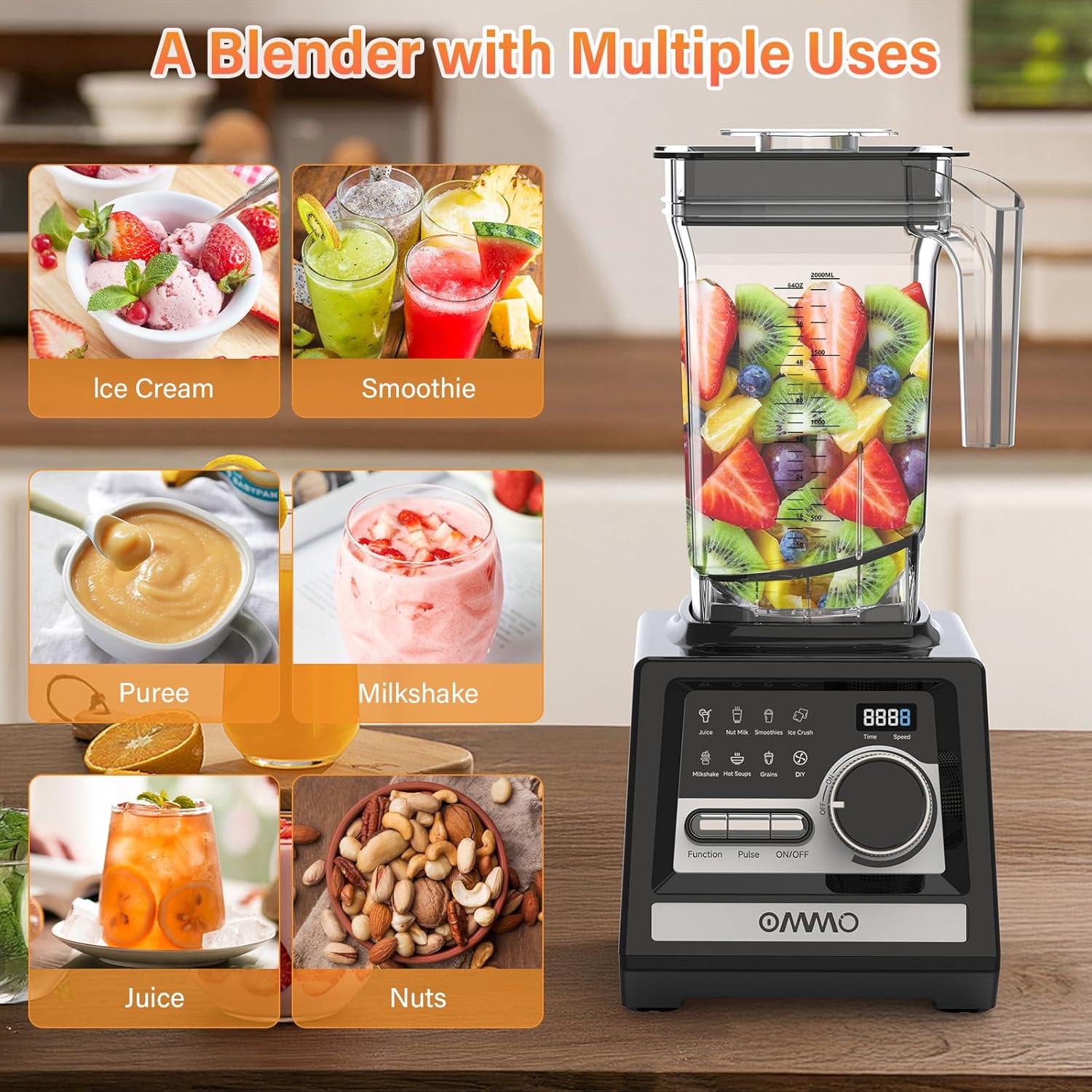 OMMO Blender, Peak1800W Blender for Smoothies, 68oz BPA-Free Smoothie Blenders for Kitchen with 9 Speed Control&Built-in Timer, Dishwasher Safe for Ice Crush, Smoothies, Frozen Drinks and Fruits image 7 of 9 B0FGQ7BV4N