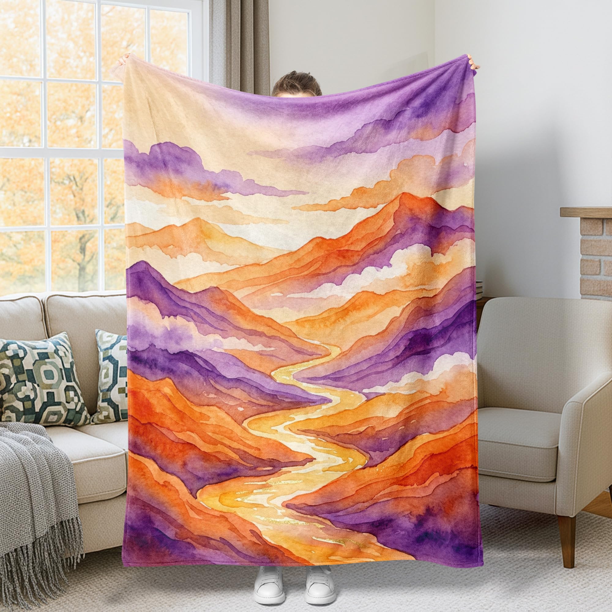 Couverture polaire chaude contre le froid pour canapé et lit motif paysage violet 152x203