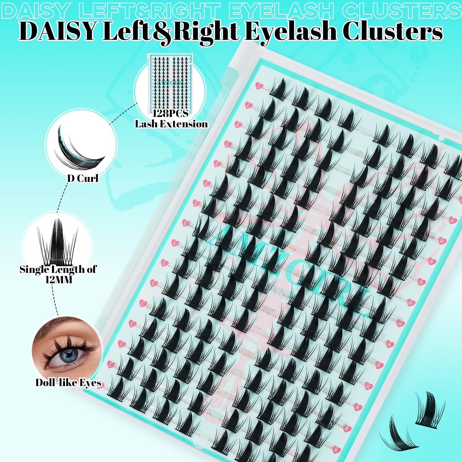 Manga Ciglia Finte Wispy 128PCS sinistra e destra Volume Ciglia Finte Ciuffetti, D Curl Wide Lash Band Estensioni ciglia Ciglia Cluster Wet-Look (Daisy, D-12mm)