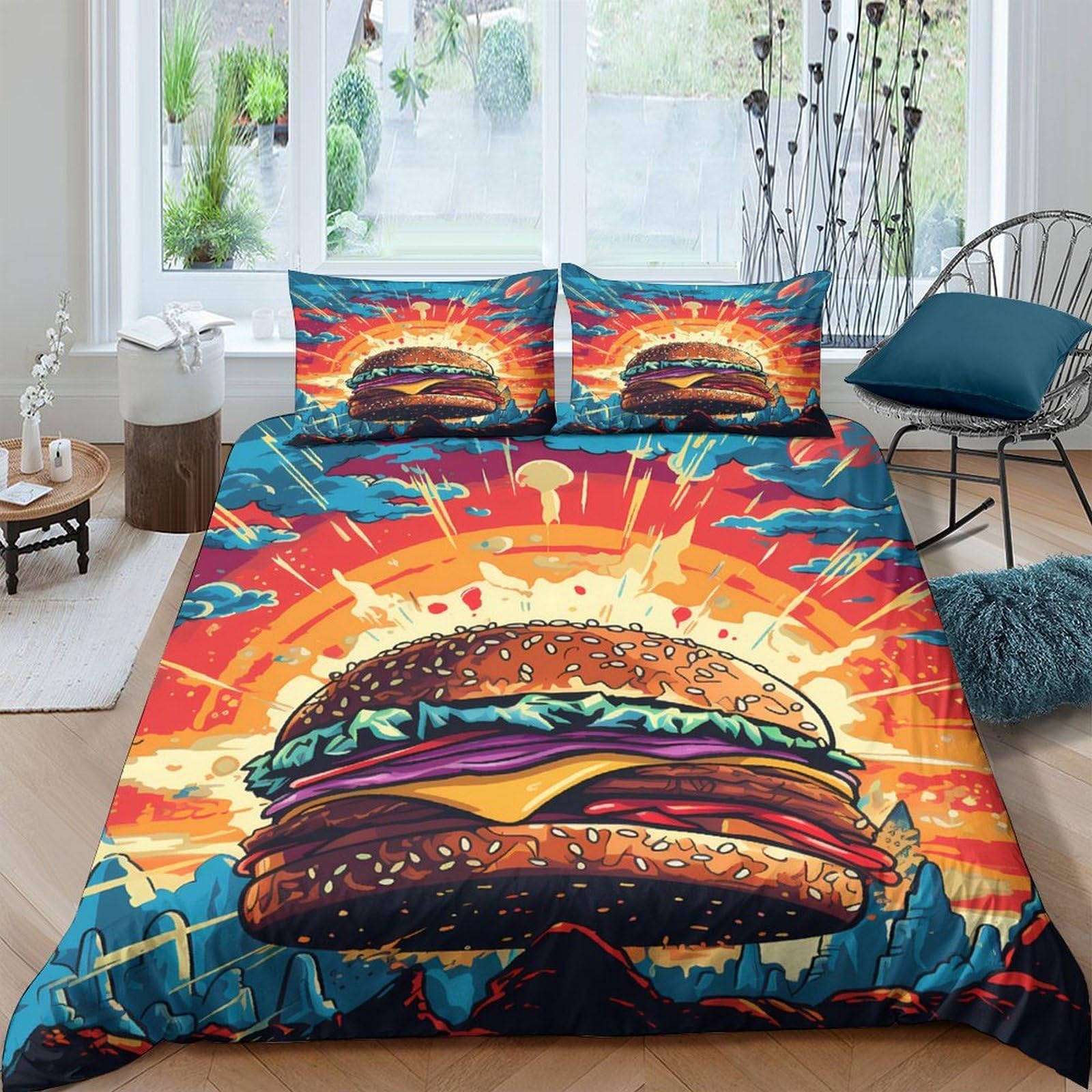 Ctjqhvkz Style-10 3D Printed Burger Sunset Fitted Sheet Microfiber Soft Vibrant Art Bed Cover For Bedroom Dorm Mattress Protection Decor Single（135X200cm）