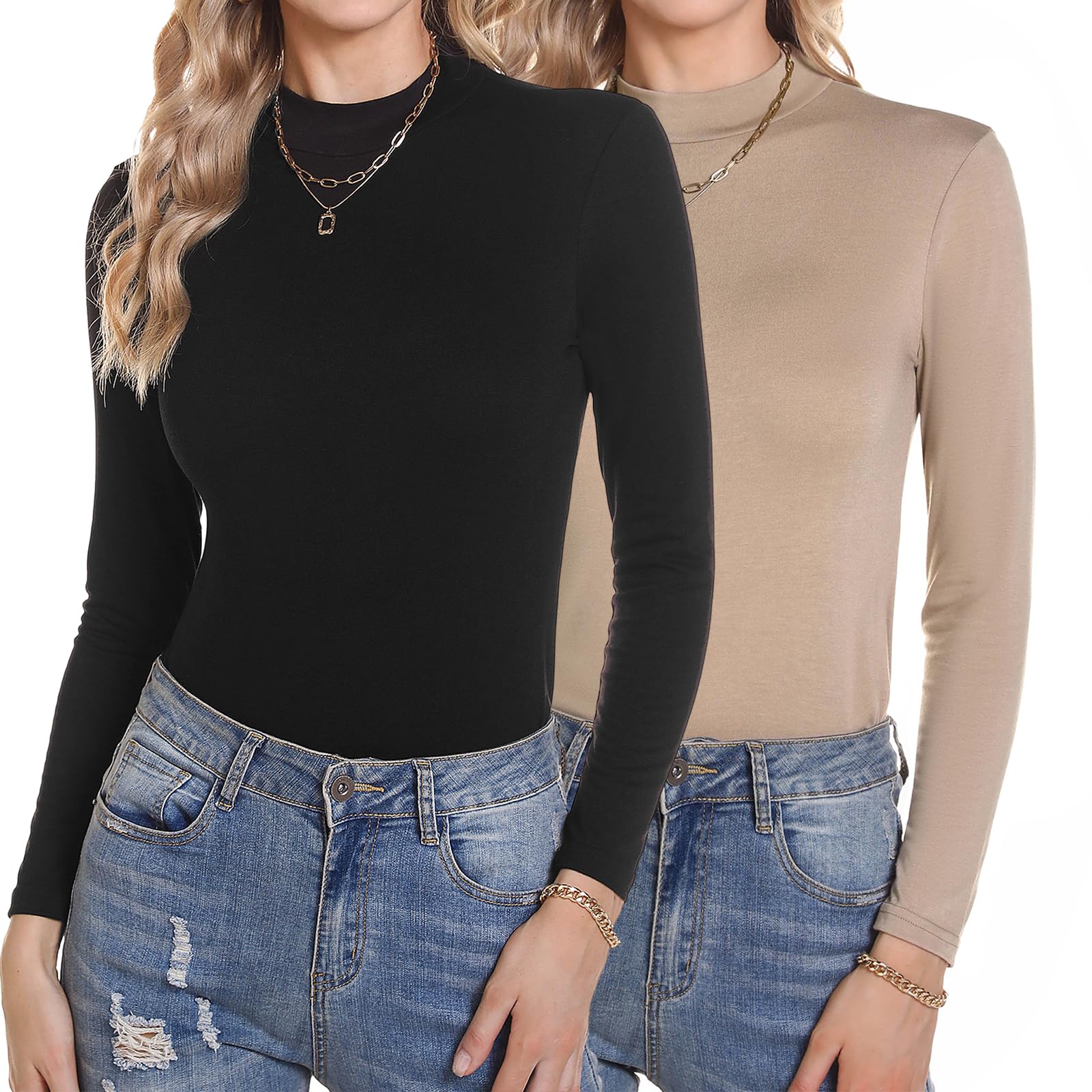 Aottori Damen 2 Pack Langarmshirt Set Stehkragen Rollkragenshirt Baumwolle Elegant Basic Oberteile Langarm Unterhemd Winter T-Shirt Stretch Tops
