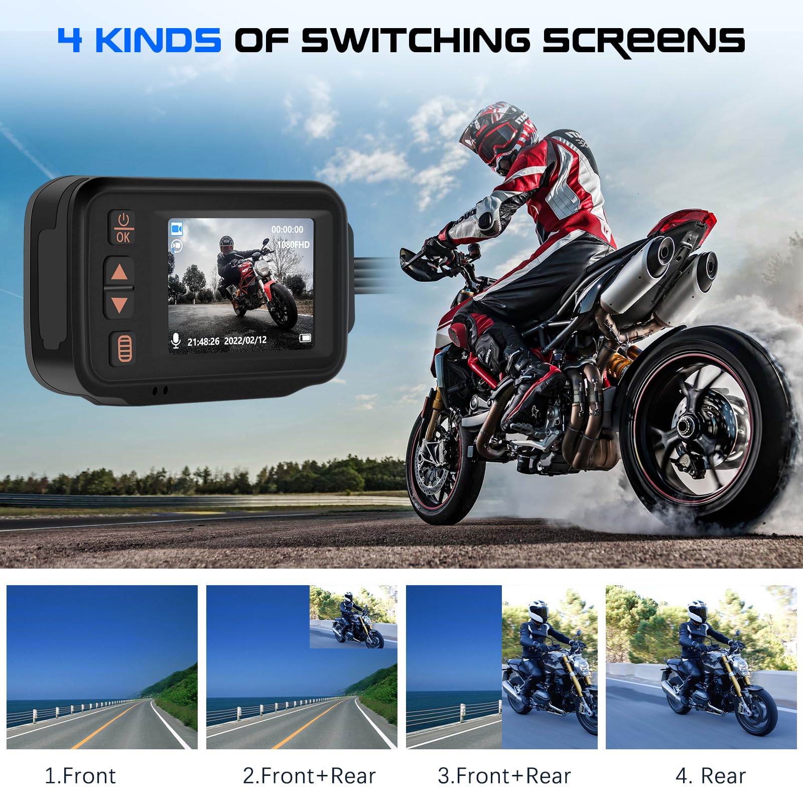 【Novedad 2026】 Camecho Dashcam 1080p para Moto con cámara Delantera y Trasera, Pantalla IPS HD de 2 Pulgadas, cámara para Moto con certificación IP65, Dash CAM para Motocicleta