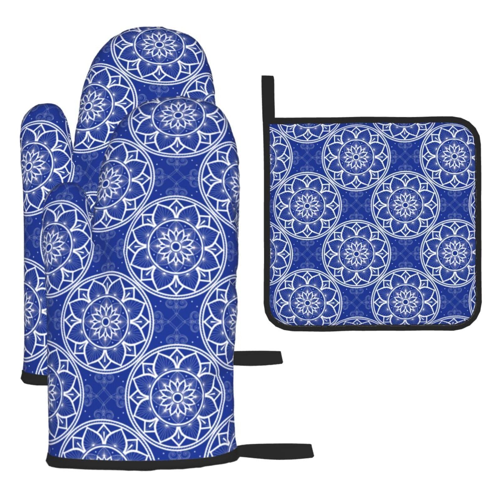 Gants de cuisine et maniques bleu et blanc motif floral lot de 3