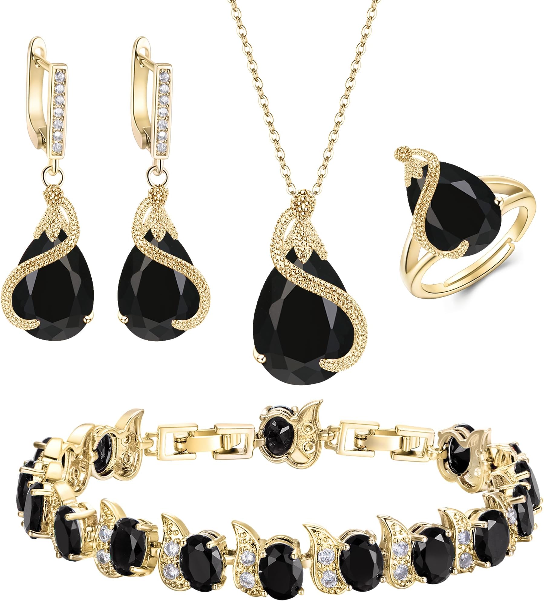 Women's Jewelry Set Black Jewellery Sparkly Cubic Zirconia Teardrop Necklace Earring Bracelet Ring Sets for Women Birthday Gifts 4 PCS