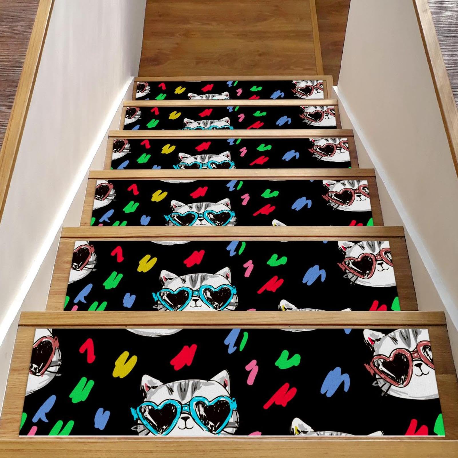 Alfombra para escaleras de gato con gafas, pack de 15 alfombrillas de 8x30 para peldaños madera