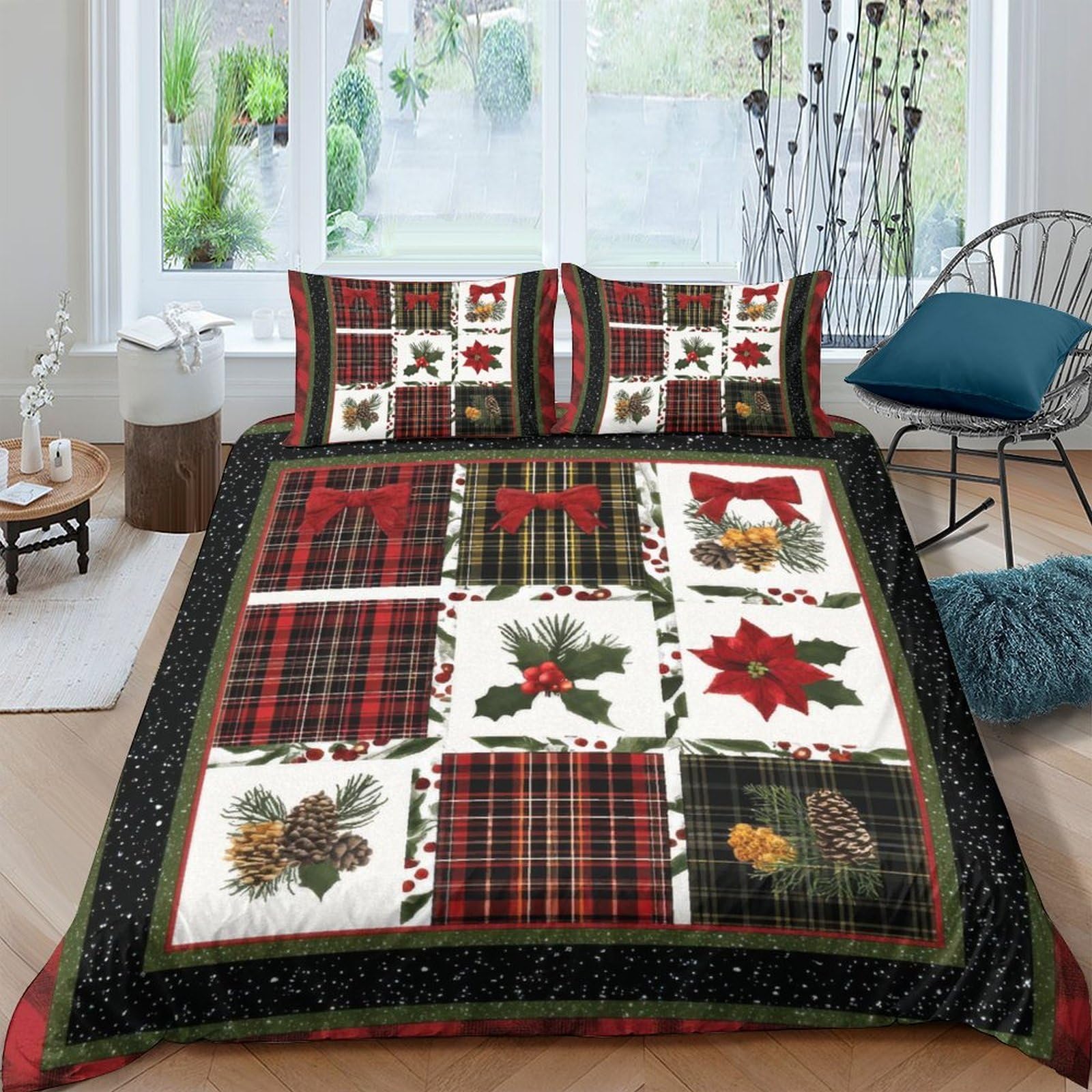 Ctjqhvkz Style-10 3D Printed Christmas Patchwork Fitted Sheet Microfiber Soft Plaid Poinsettia Mattress Cover For Bedroom Guest Room Decor Single（135X200cm）