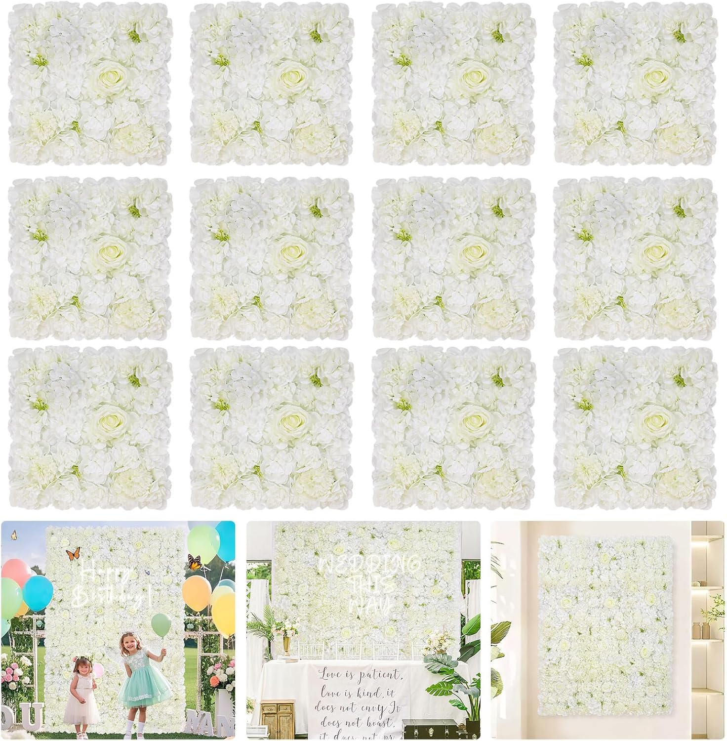 White Flower Wall Backdrop Wedding: 12 Packs 15x15 Inches 3D Floral Rose Wall Panels - Party Event Background Bridal Shower Decorations White 12 Pcs