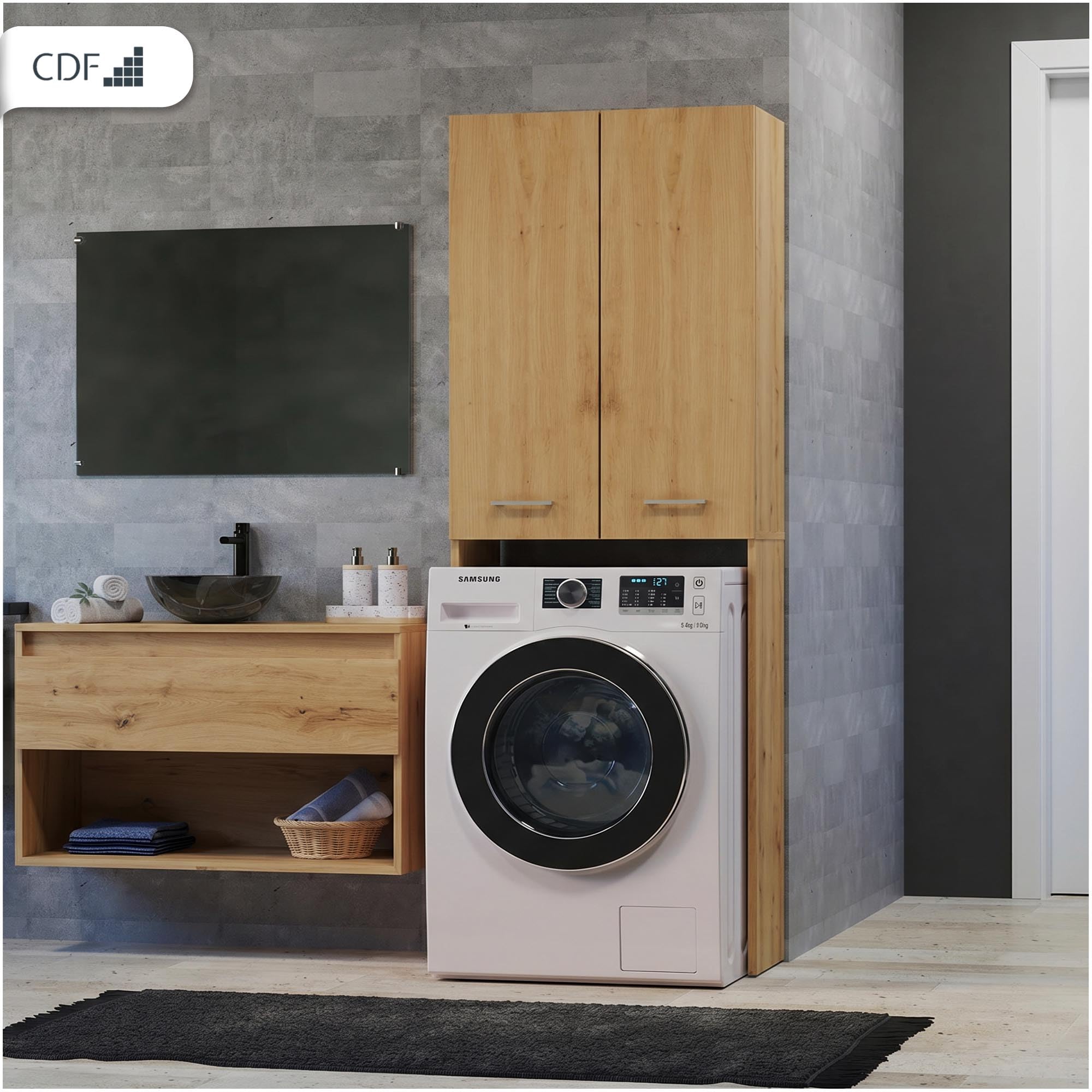 CDF Mueble Alto para Lavadora Secadora Armario Alto de Baño WC Cocina con 4 Estantes 2 Puertas Columna Organizador Cosméticos Detergente Estantería Moderna – Roble Artisan
