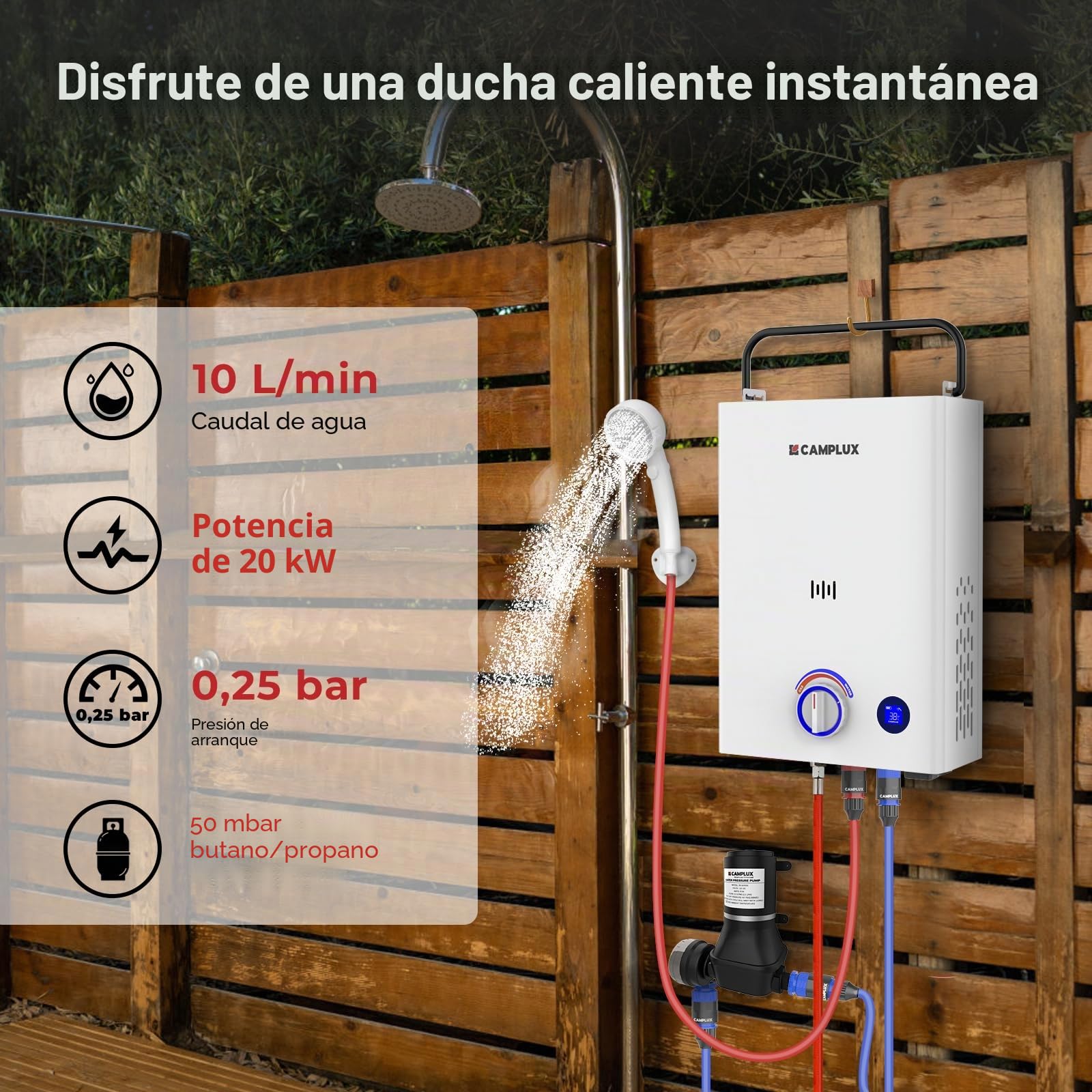 CAMPLUX First 10 L/M Calentador de Agua a Gas con Bomba de Agua & Mango, GPL (50mbar), para Ducha al Aire Libre/Camping/RVs, F10 Pro-DE