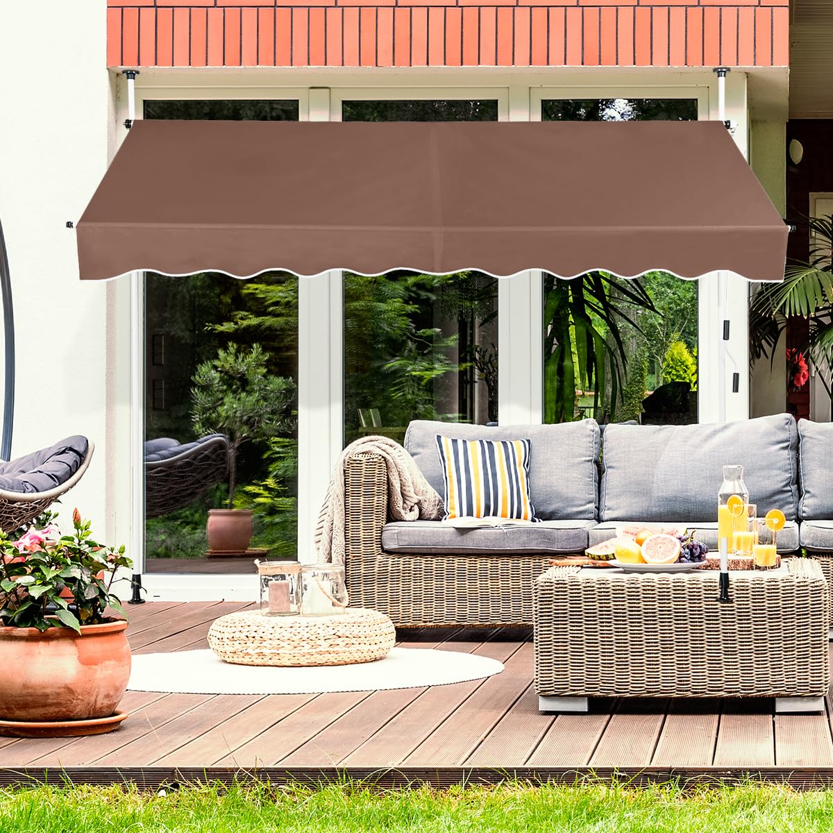 GOPLUS Toldo Retráctil Manual, Toldo Enrollable Impermeable con Manivela, Altura Ajustable 2-3M, Toldos Exterior Terraza Balcón Jardín (Marrón, 2,5 m)