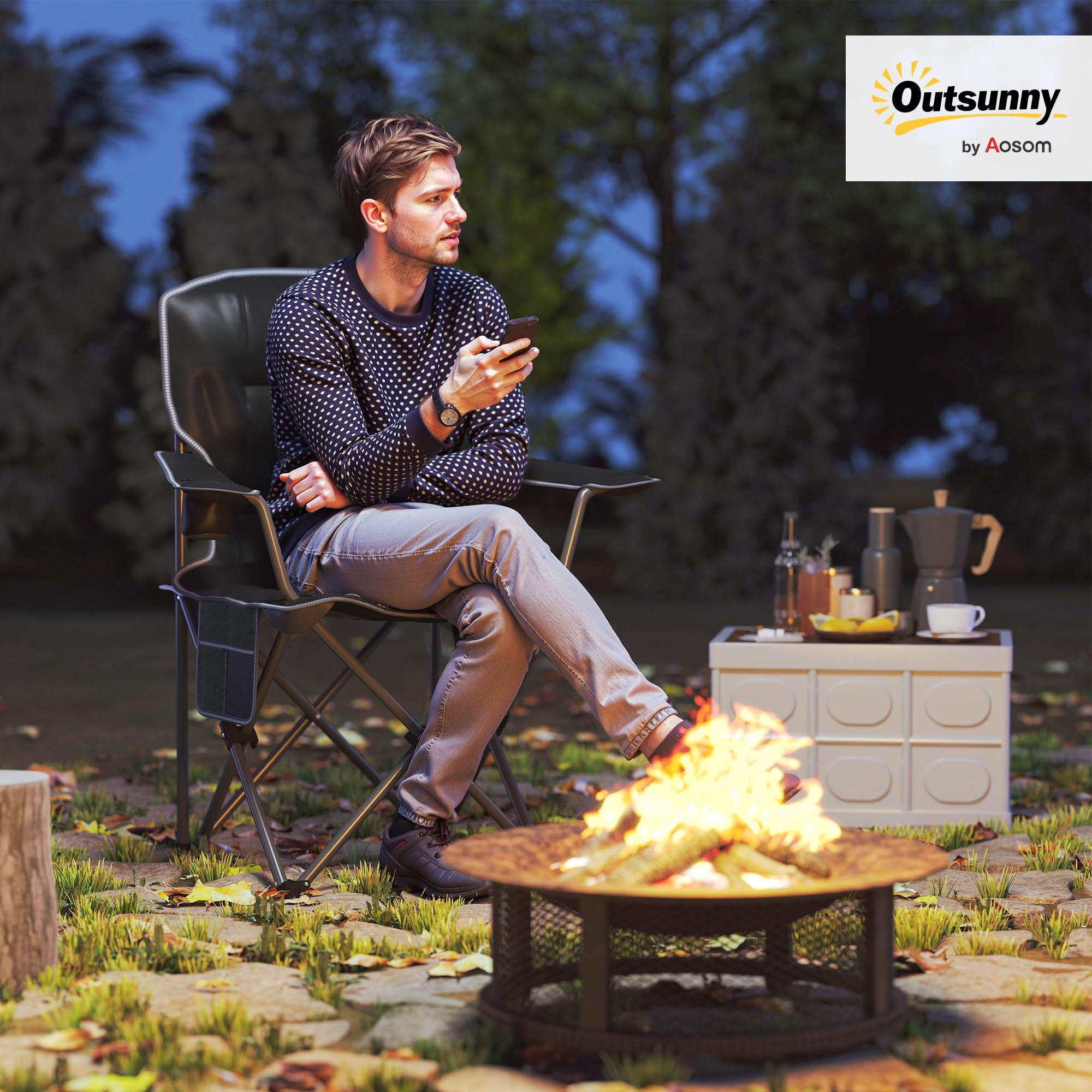 Outsunny Chaise Pliante Camping, Chaise de pêche Portable, siège rembourré, Porte-gobelets, Poches latérales et Sac de Transport, Fauteuil Pliant pour randonnée, pêche, Plage et Pique-Nique, Noir