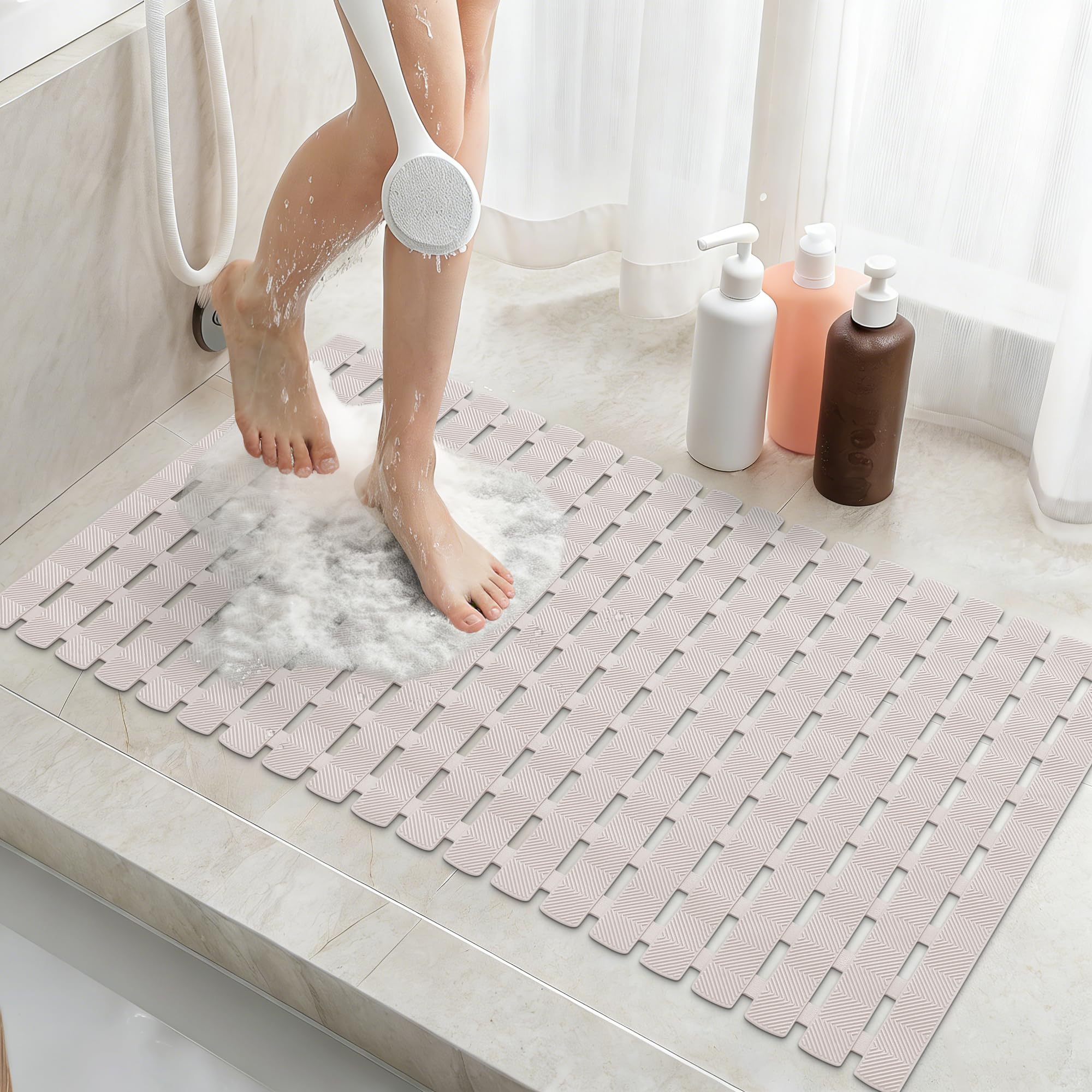 Smiry Shower Bath Mat Non Slip with Comfort Textured Surface, 40 x 70 cm, Cut-to-Fit Quick Drying for Inside Shower Machine Washable Bathtub Mat for Elderly, Camel