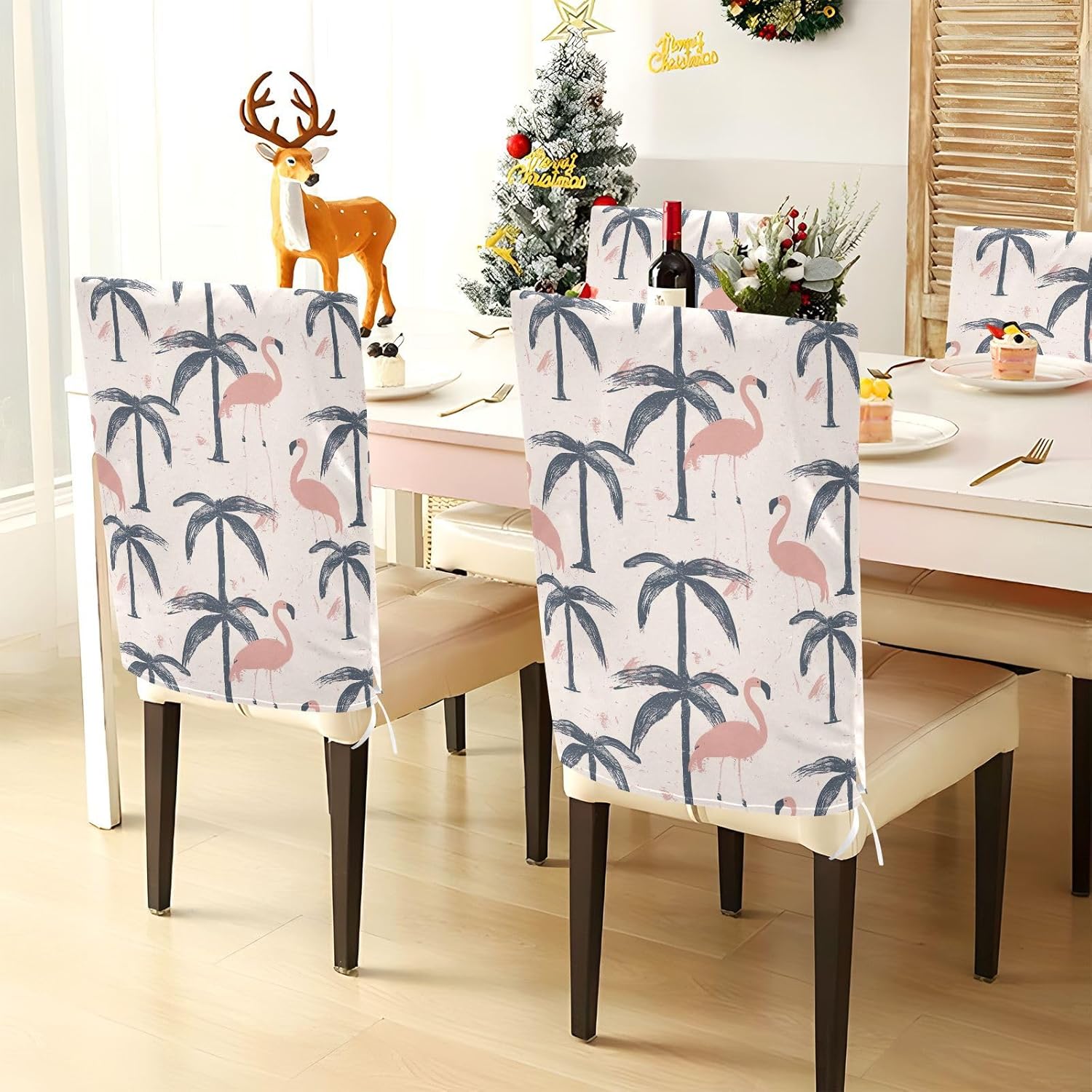 ALAZA Flamingo Palm Trees Chair Back Cover Set of 6, Washable Reusable Removable Chair Slipcovers Decorative Chair Cover for Home Kitchen Wedding Party