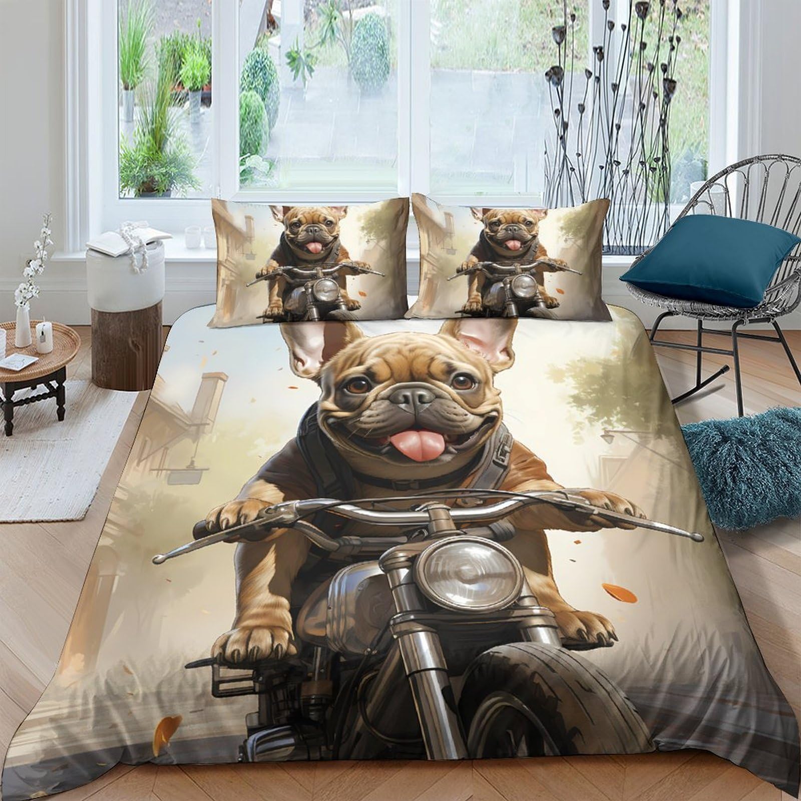 Ctjqhvkz Style-4 3D Printed French Bulldog Motorcycle Fitted Sheet Microfiber Anti-Slip Bed Cover For Bedroom Guestroom Decor Single（135X200cm）
