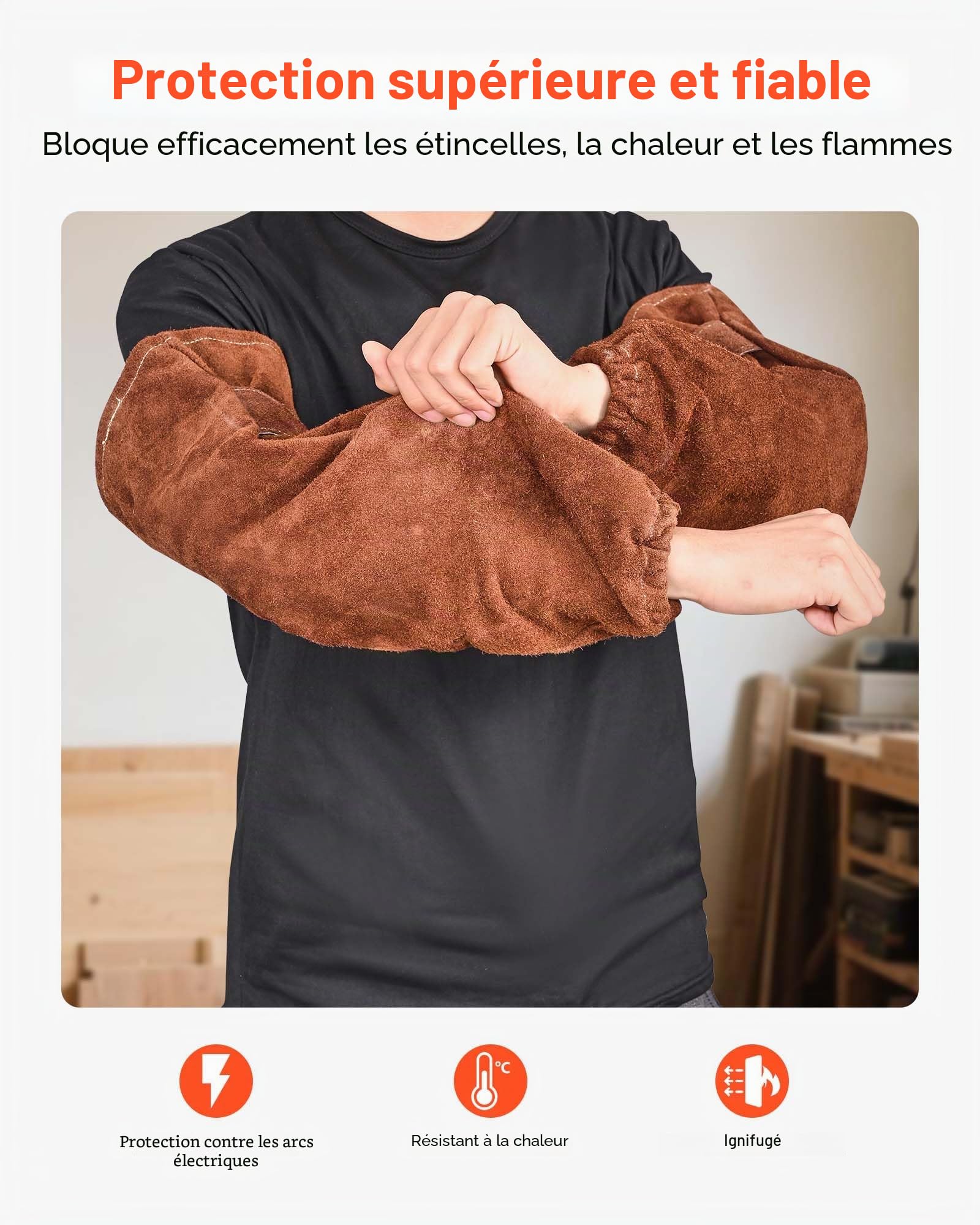 VEVOR Manchons de Soudage en Cuir de Vachette, Manchons à Souder Protection Soudure des Bras, Résistants aux Flammes, à la Chaleur, pour Hommes et Femmes, de Soudage, Forge, Travail du Bois, Jardinage