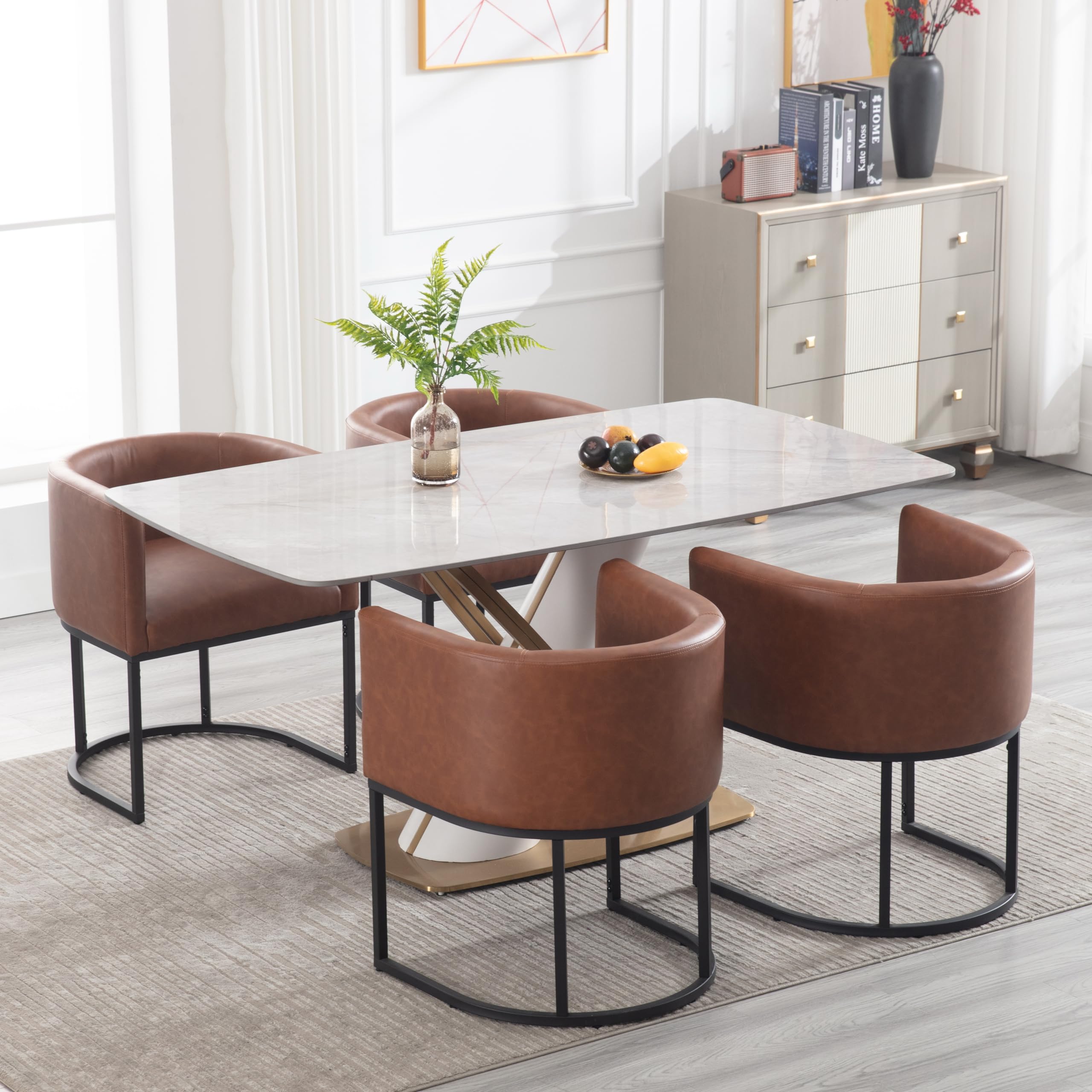 RIVOVA Upholstered Dining Chairs Set of 4, Modern Barrel Side Armchair Upholstered Dining Room Chairs Comfy Armchair Kitchen Side Chair for Living Room, Brown PU Leather