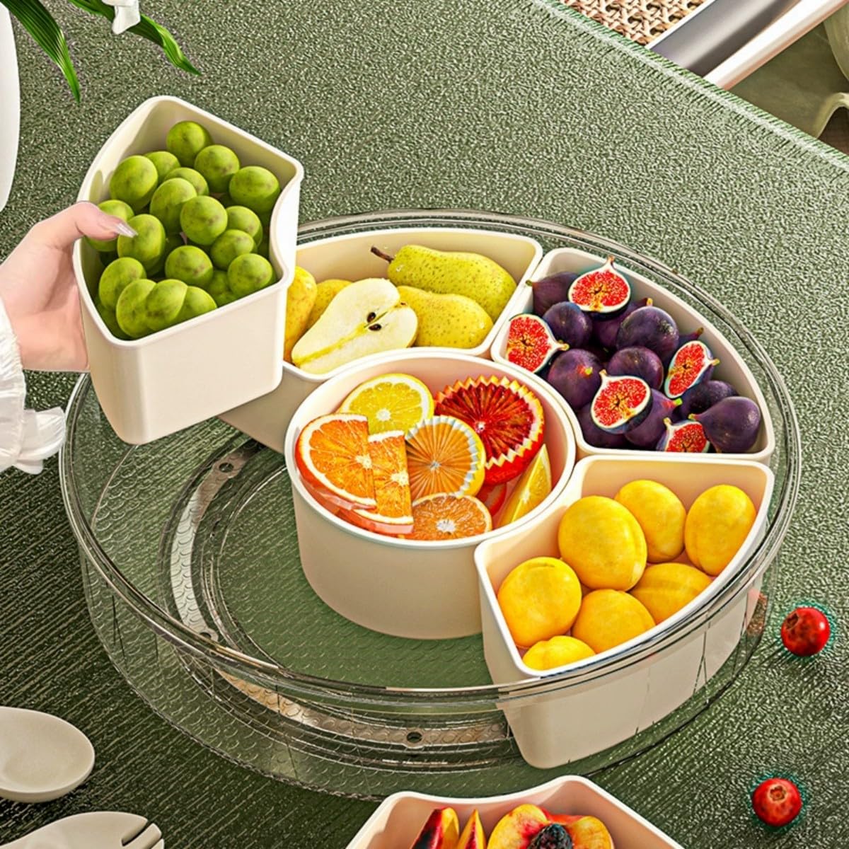 ECOSEAO Grande Girevole Snack Box, Rotondo Scatola per Spuntini con 6 Scomparti, Contenitore Rotante con Coperchio e Manico per Snack Spezie Frutta