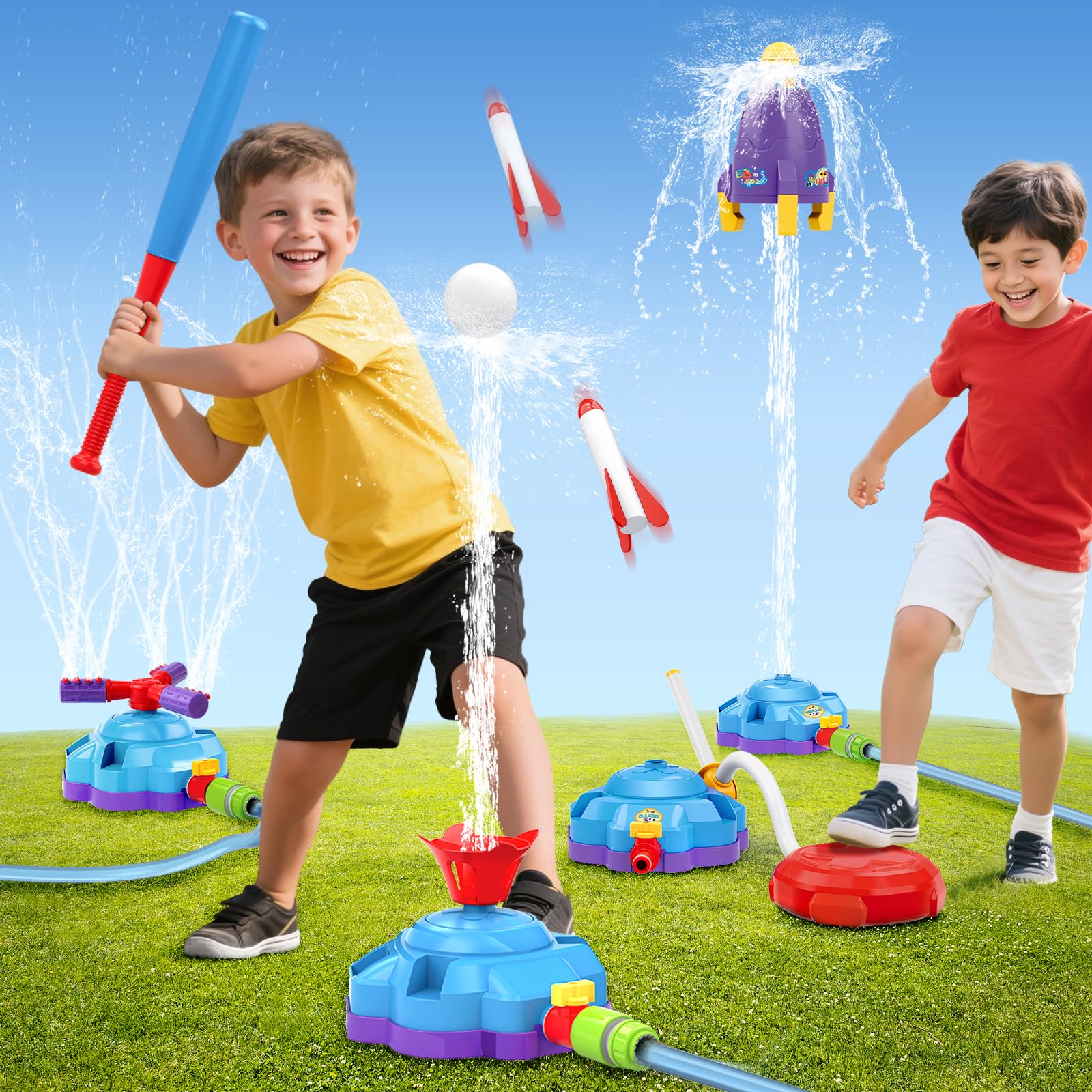 4-in-1 Water Sprinkler Baseball Toy, Water-spraying Rocket, Water Baseball Game, Rocket Launch Game, Spinning Water Sprayer Outdoor Summer Toys for Boys Girls Outside Water Game Toys for Kids 3-12