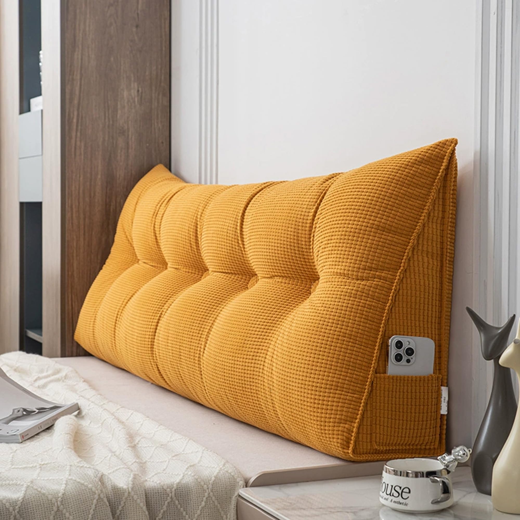 DUOLEH Bed Wedge Pillow for Headboard, Triangular Backrest Pillow with Removable Cover, Comfortable Wedge Lumbar Cushion, Sofa Lumbar and Back Support Cushion (60x50x20cm,Yellow)