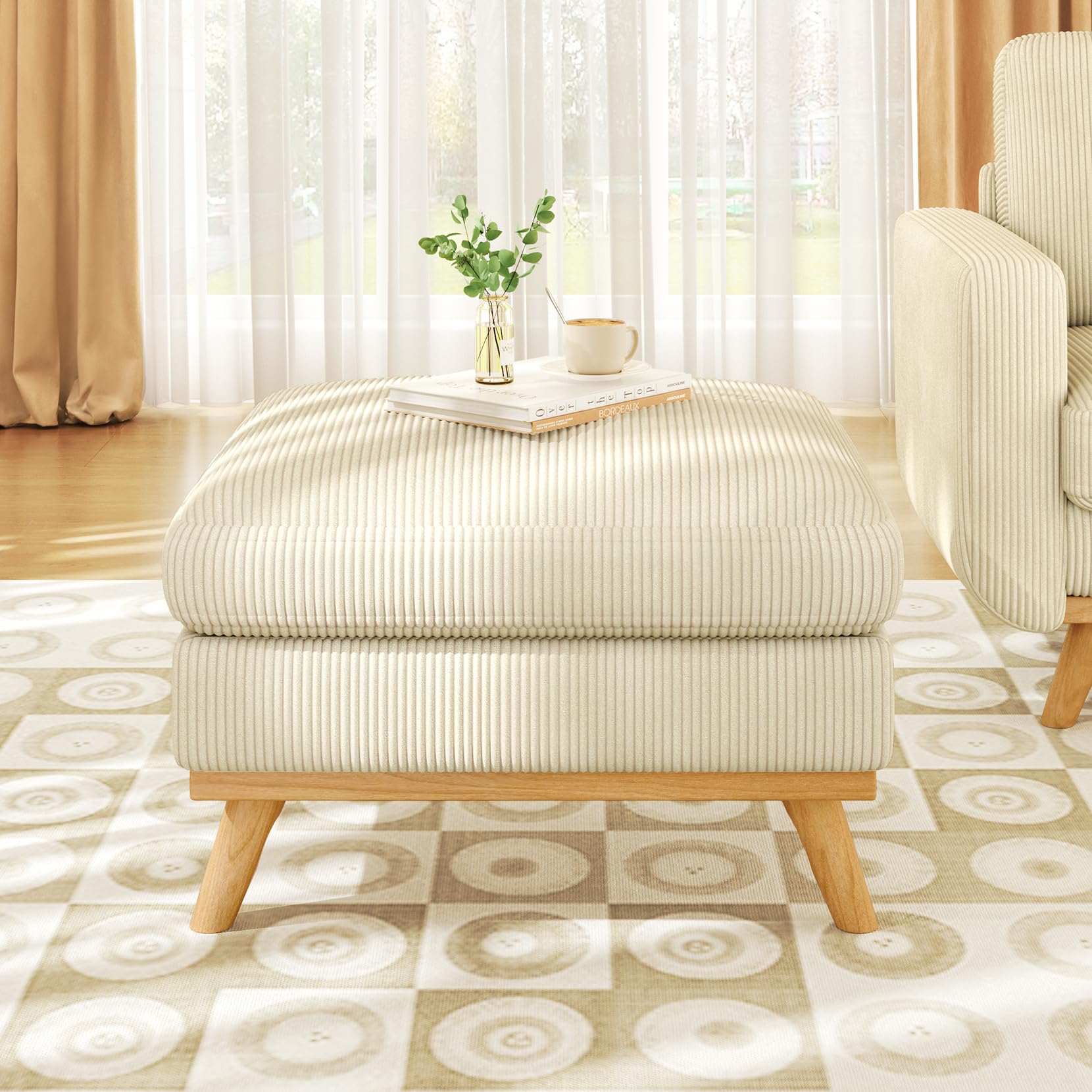 Vesgantti Large Ottoman for Modular Sofa, Large Corduroy Ottoman with Spring Cushion, Rectangle Foot Rest for Couch, Entrance Footstool with Wood Legs, Footstool for Living Room, Bedroom, Beige