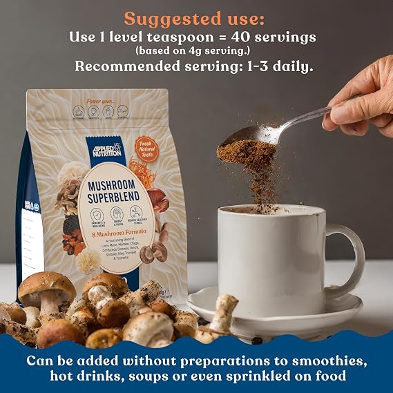 Applied Nutrition Mushroom Superblend - Lions Mane, Reishi, Chaga, Shiitake, Maitake, Tremella, Cordyceps Sinensis, King Trumpet | Vegan & Gluten Free (160g – 40 Servings)