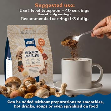 Applied Nutrition Mushroom Superblend - Lions Mane, Reishi, Chaga, Shiitake, Maitake, Tremella, Cordyceps Sinensis, King Trumpet | Vegan & Gluten Free (160g – 40 Servings)