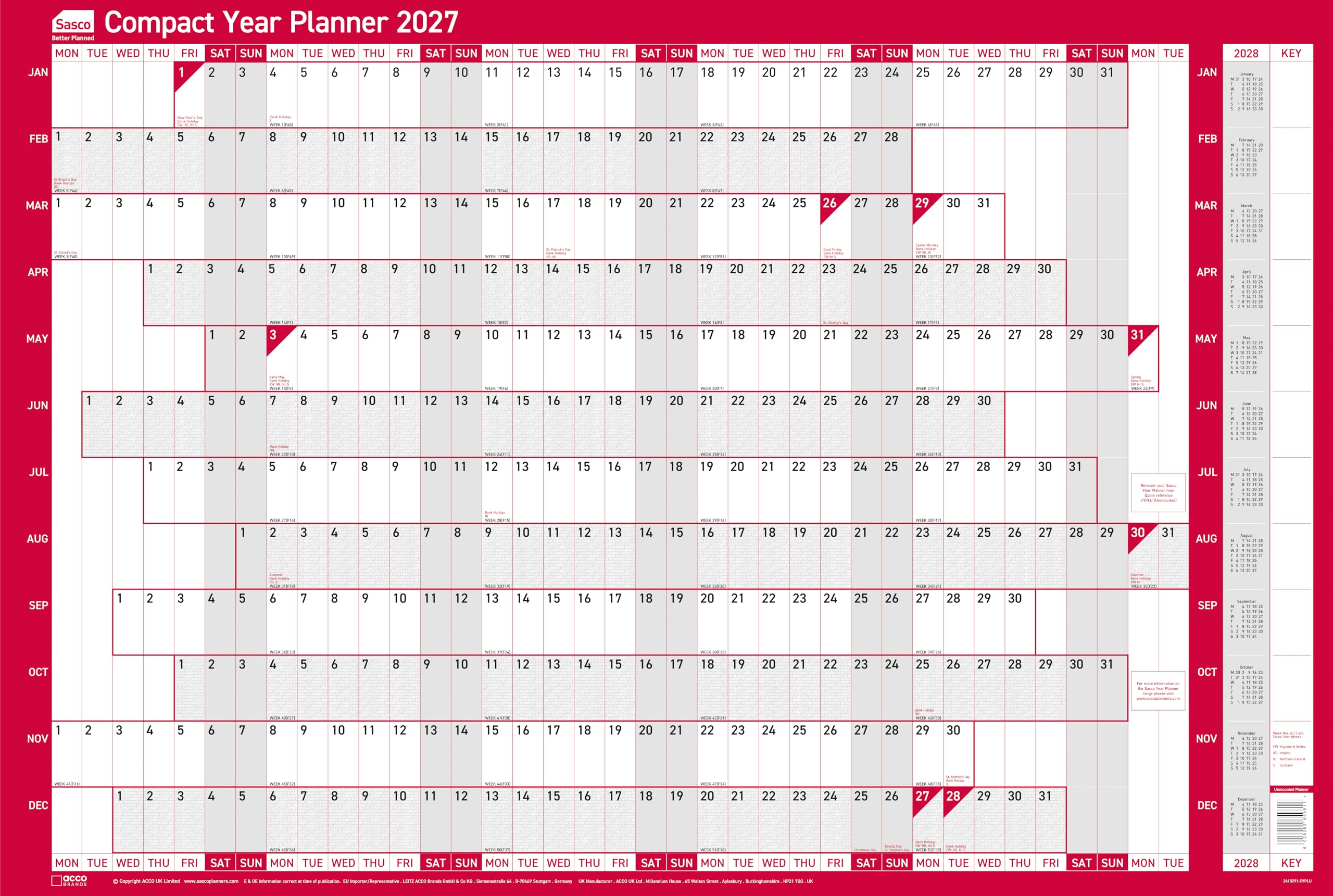 Sasco 2027 Compact Year Wall Planner Landscape with wet wipe pen, pack of 388 stickers & Today sticker, Red, Poster Style, 610mmW x 405mmH