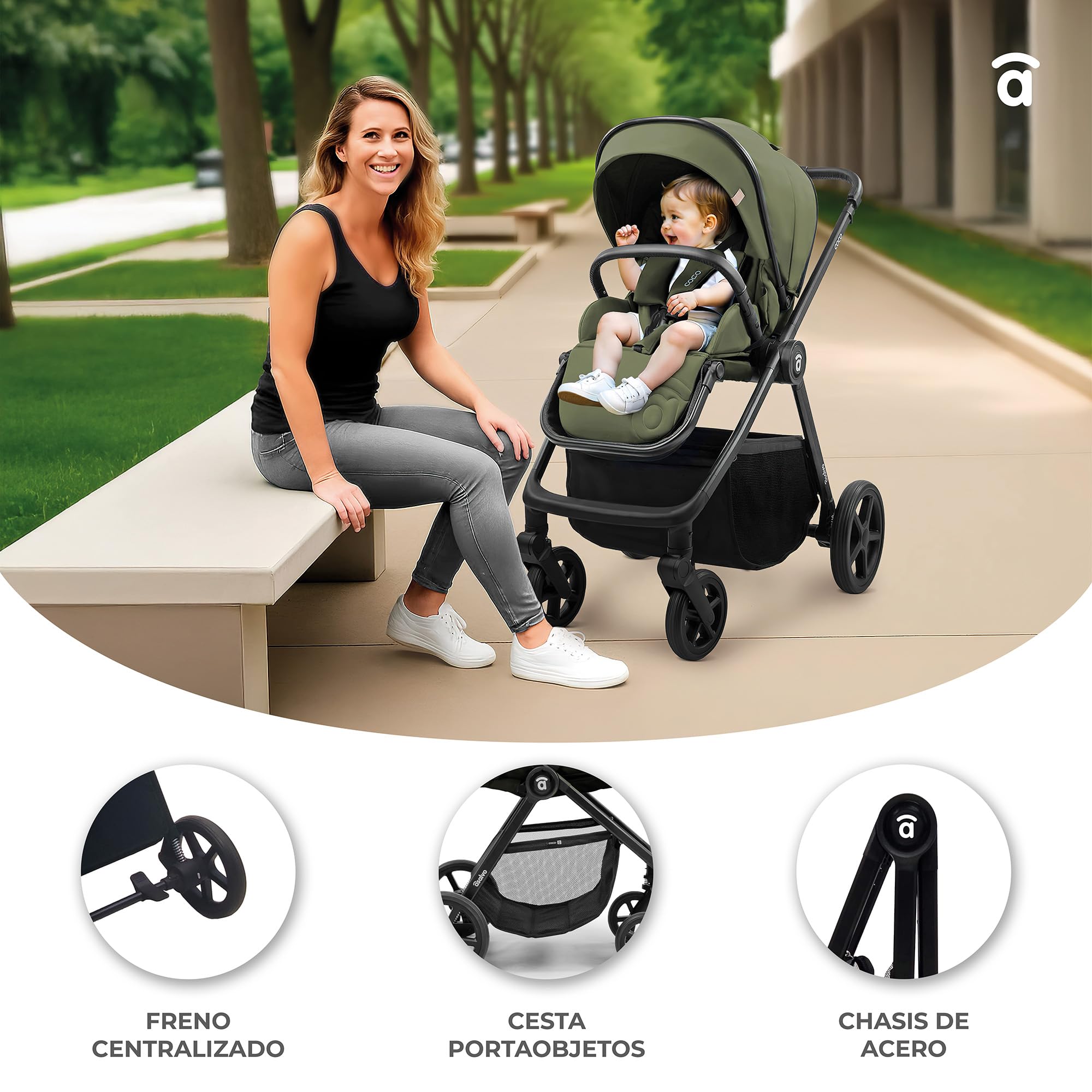 ASALVO Carrito Bebé 2 en 1 con Capazo y Silla de Paseo, Hasta 22 kg, Plegado Libro Compacto, Suspensión Total, Arnés de 5 Puntos, Dúo Coco Verde