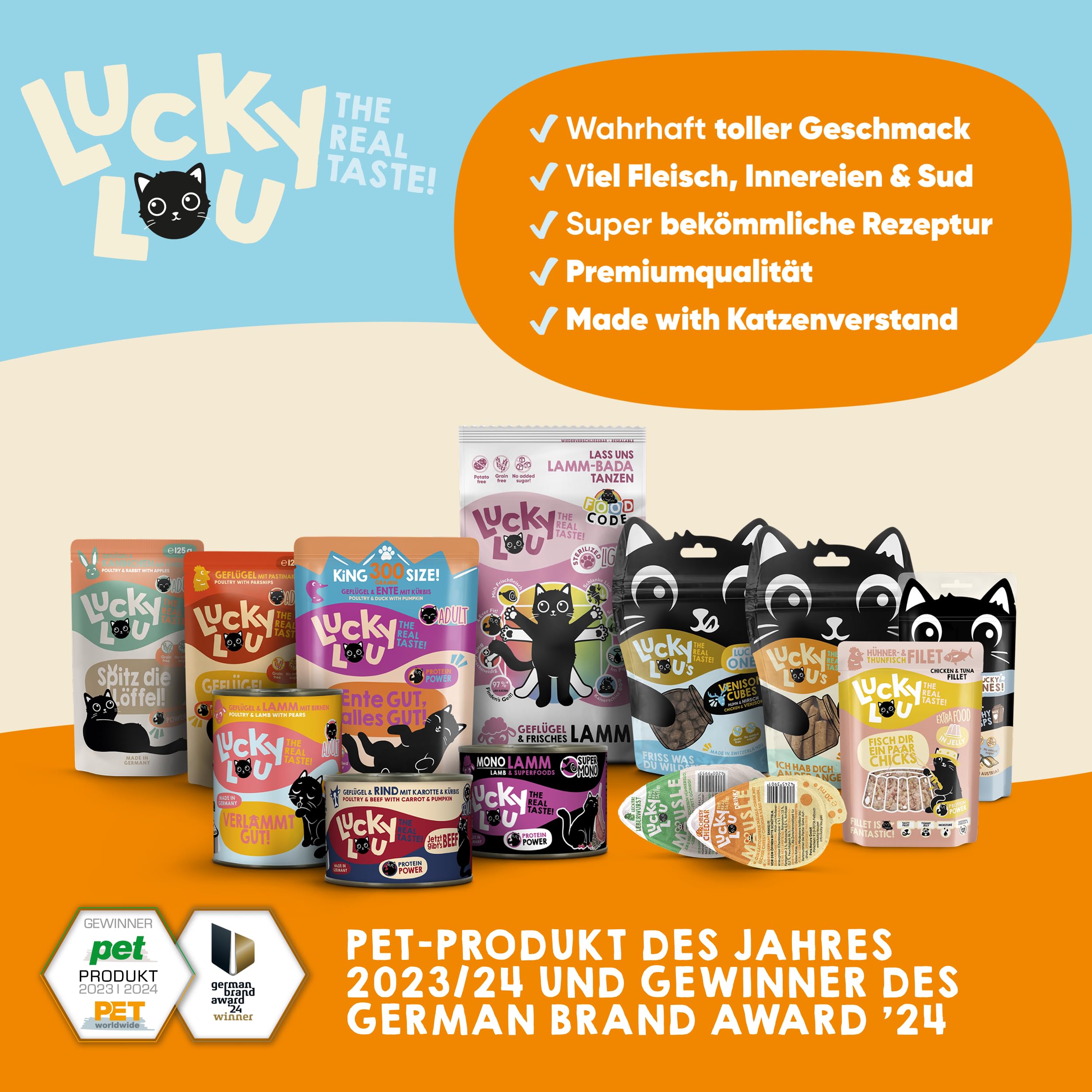Lucky Lou Probier-Paket mit Katzenfutter nass und trocken & Katzen-Leckerlis in verschiedenen Sorten - Katzen-Leckerlie, Nassfutter & Trockenfutter ohne Getreide & Zucker im Mix