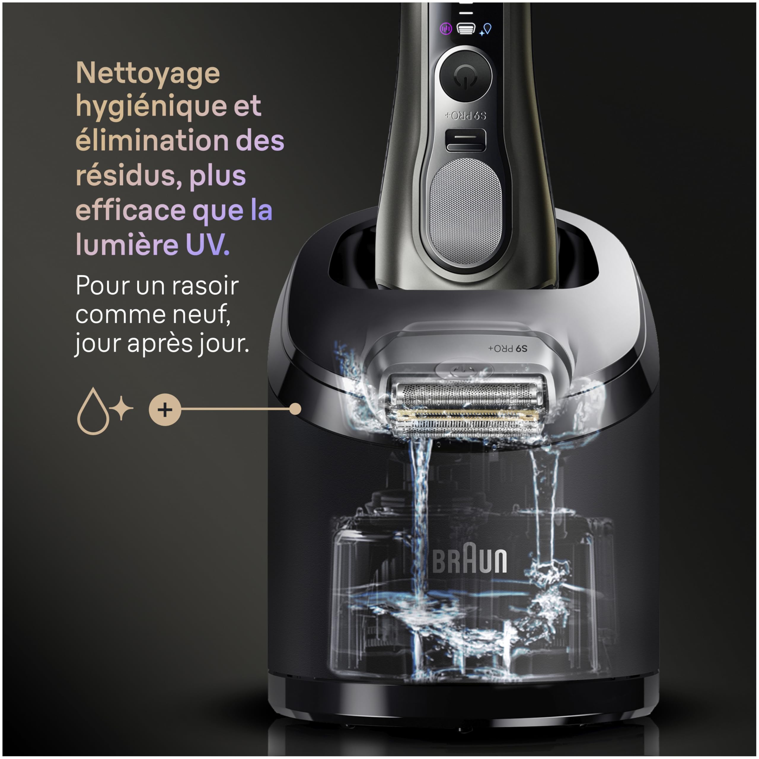 Braun Rasoir Electrique Homme Series 9+ Pro 9665CCE Graphite | Etanche, Batterie Rechargeable, Lames de Précision Ultra-Fines, Tondeuse ProTrimmer, Coffret avec Station de Nettoyage, Etui