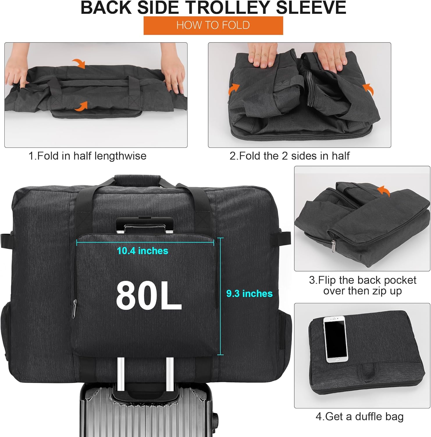 Large Travel Duffle Bag for Men Women, 80L 100L 120L Foldable Waterproof Duffle Bag, Packable Bag with Shoes Compartment for Overnight Gym Weekender Bag (Black, 80L) - Image 5