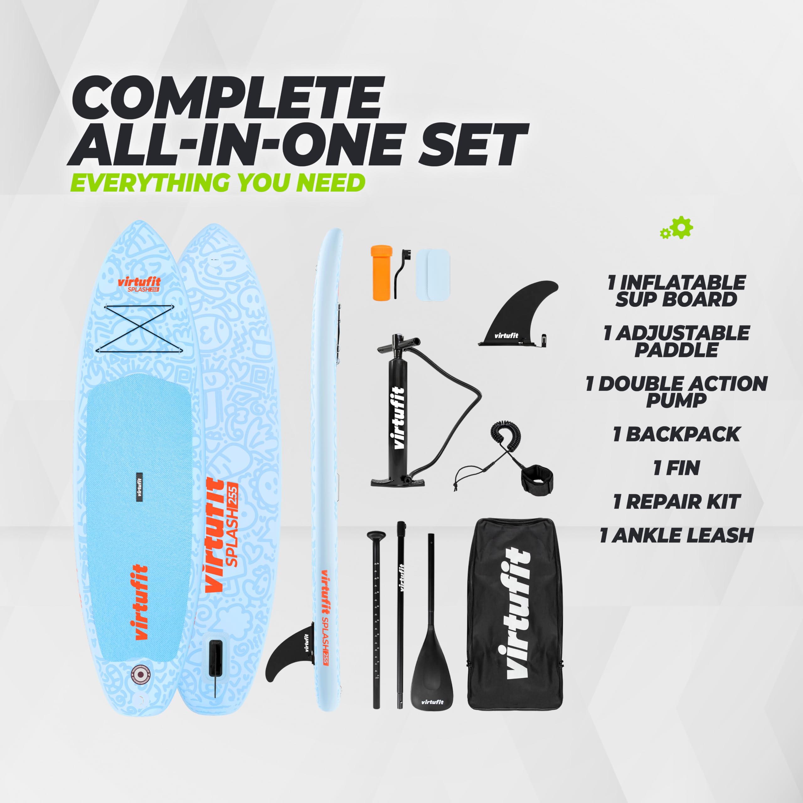 VirtuFit Splash - Tavola da SUP gonfiabile per bambini e adulti fino a 100 kg, 255 cm, con pagaia, pompa, guinzaglio, pinna e zaino